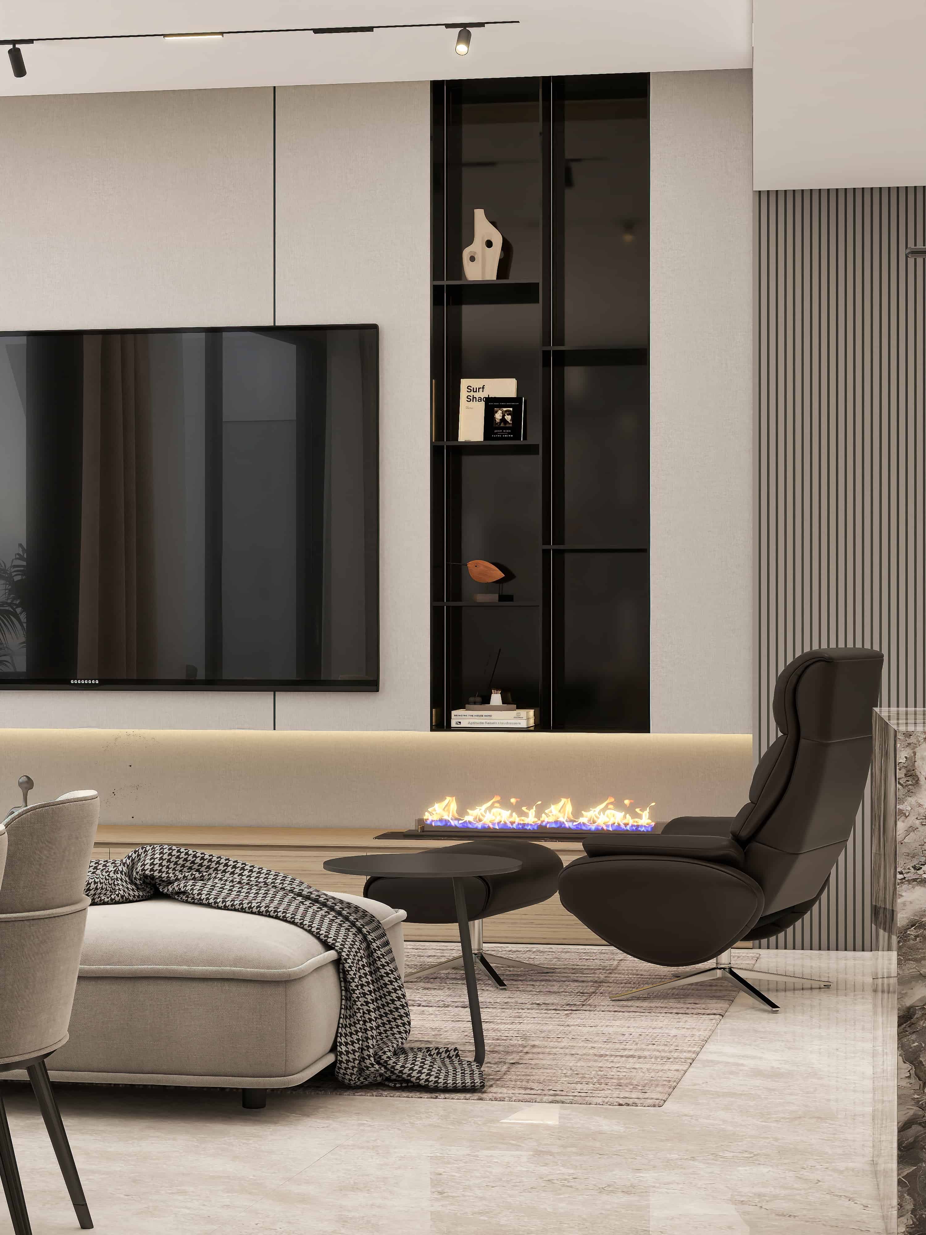 3D render of a living area with a black leather lounge chair, linear bioethanol fireplace and backlit black shelving niche, Dubai penthouse