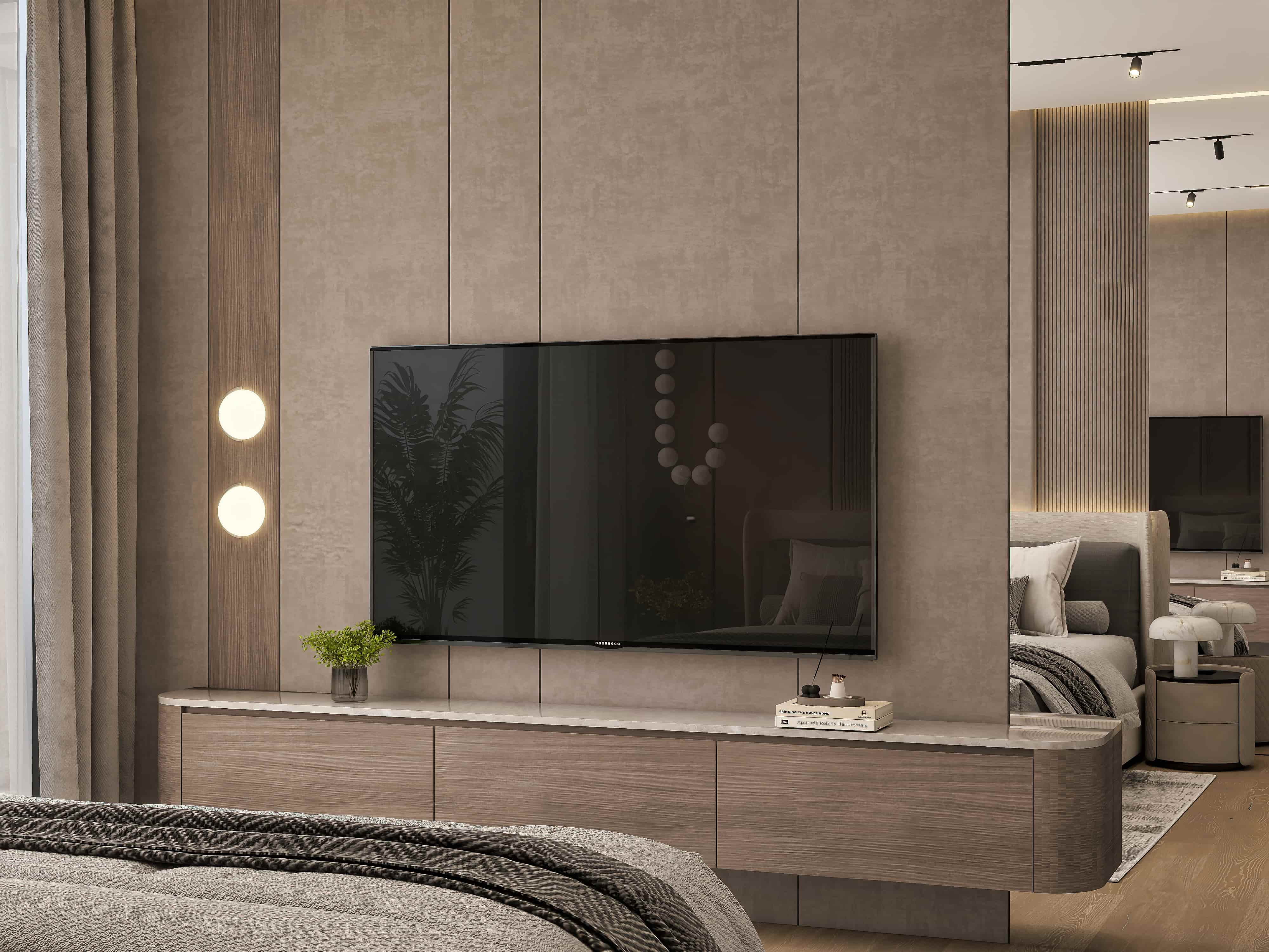 3D rendering of a bedroom media wall in taupe fabric panels with floating walnut console and globe sconces, Dubai penthouse