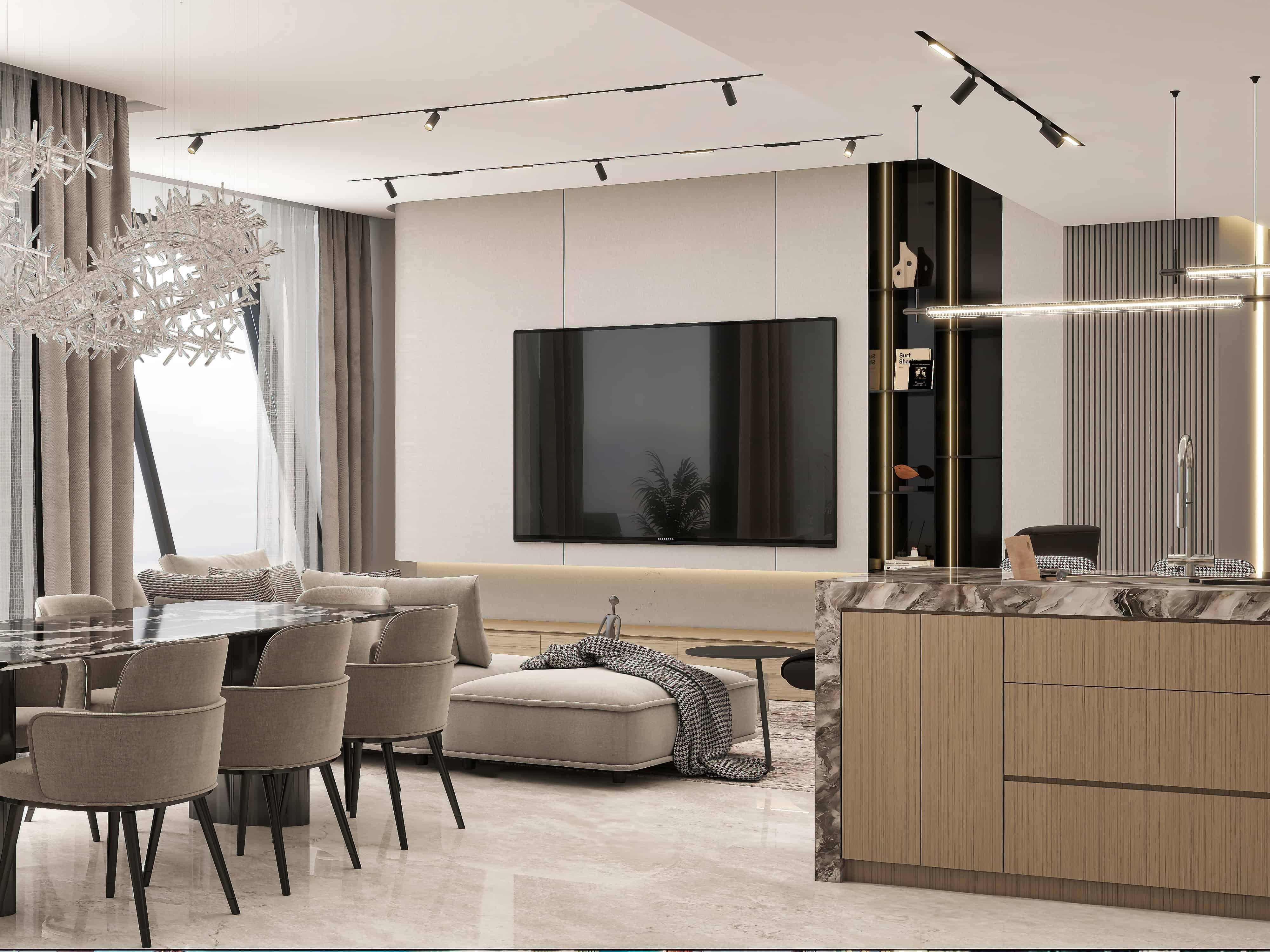3D render of an open-plan Dubai penthouse with marble dining table, taupe chairs, oak and marble kitchen island and media wall