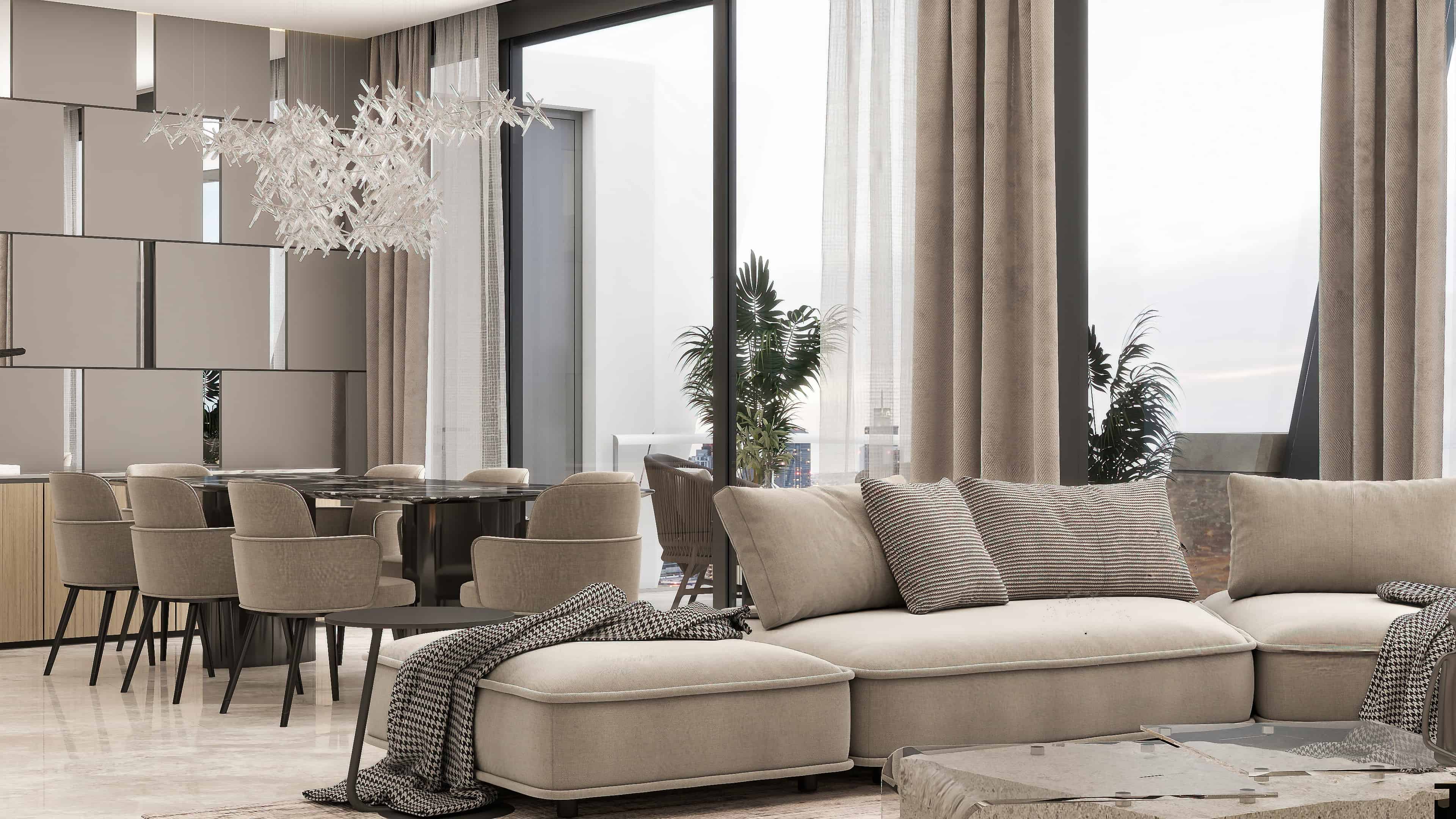 Photorealistic 3D rendering of a living room with a modular taupe sofa, coral chandelier and floor-to-ceiling windows, high-rise condo in Dubai
