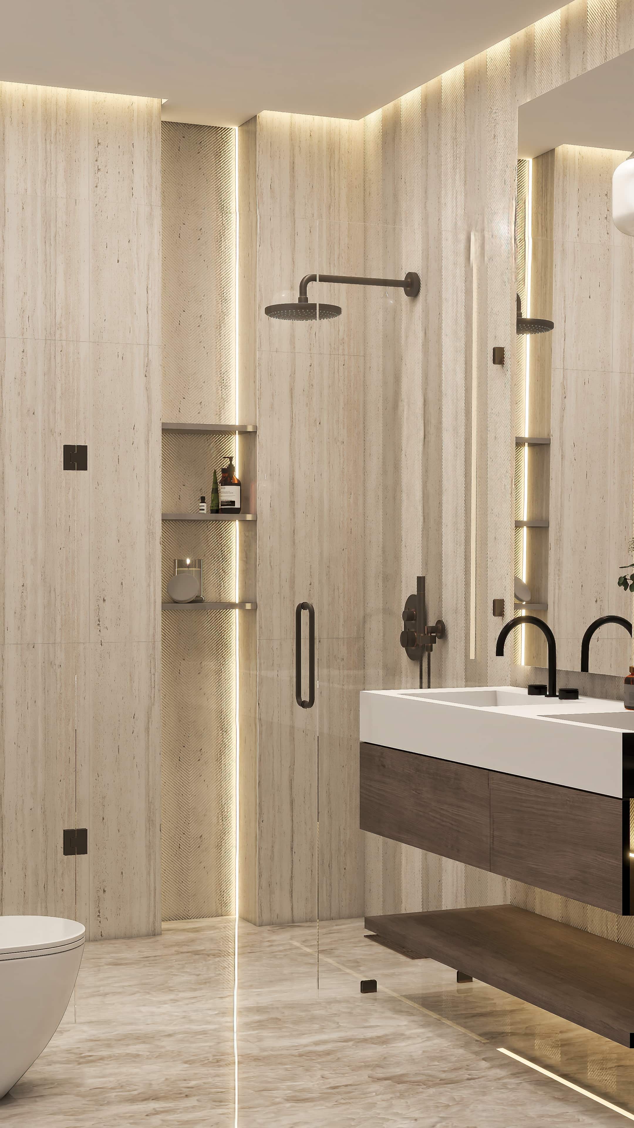 3D rendering of a travertine bathroom with backlit shower niche, black rain shower and walnut floating vanity, Dubai penthouse