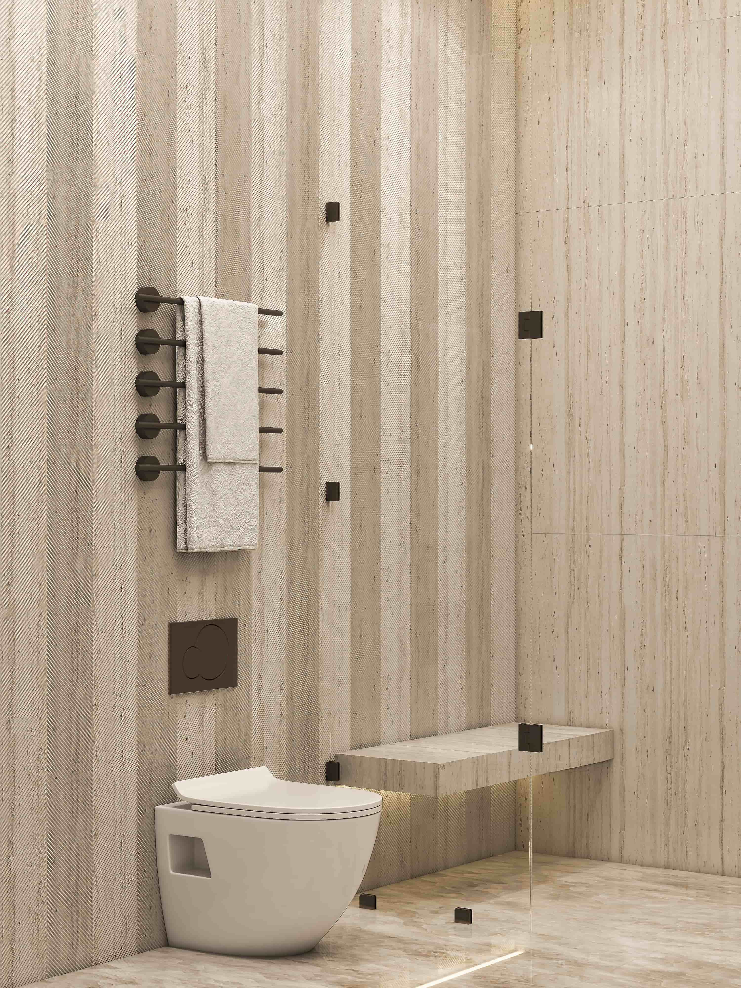 3D render of a travertine-clad bathroom with wall-hung toilet, heated towel rail and glass-enclosed shower bench, Dubai condo
