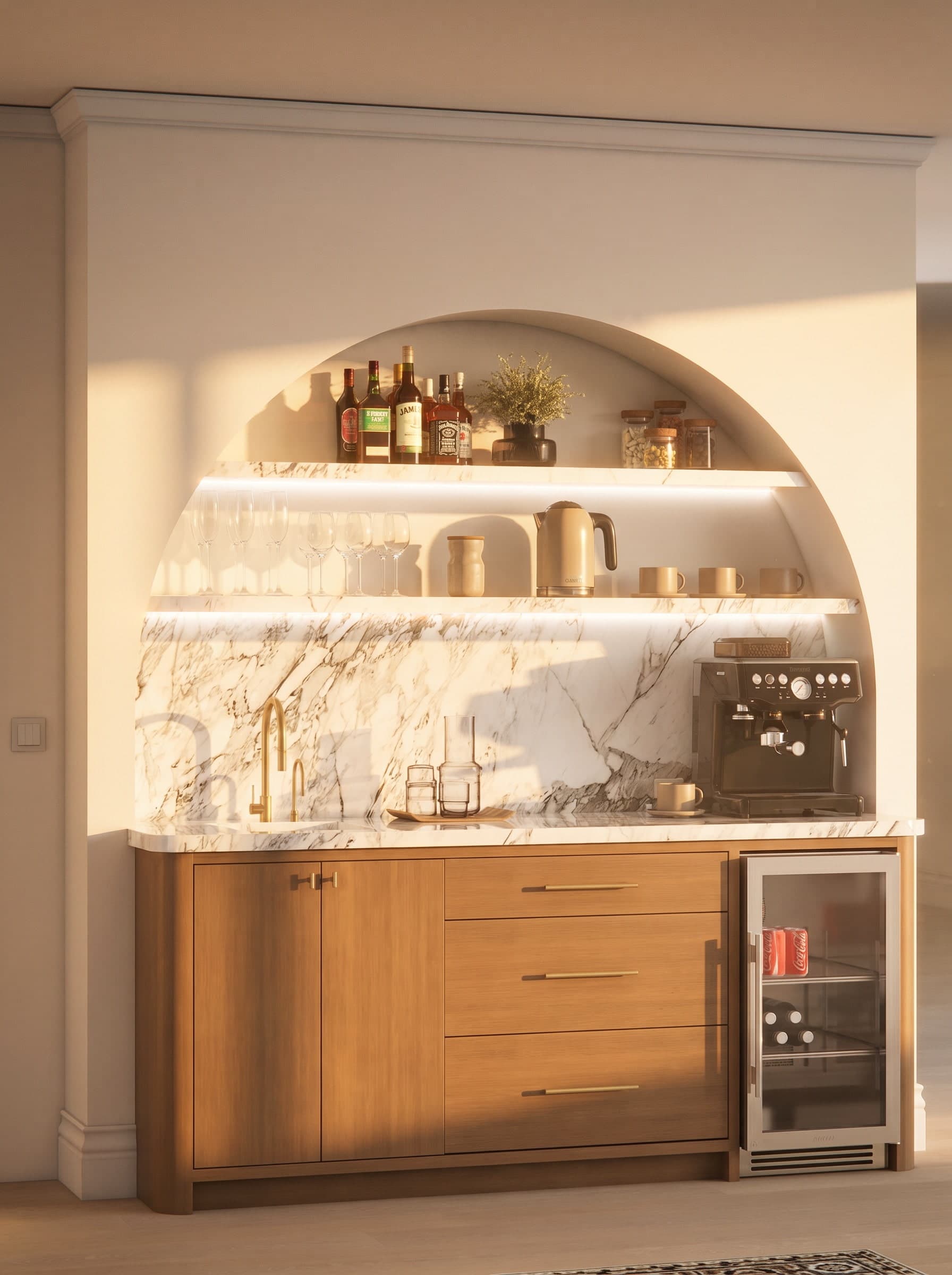 3D render of an arched marble coffee and wet bar with backlit shelves, espresso machine and under-counter beverage fridge, Upstate New York