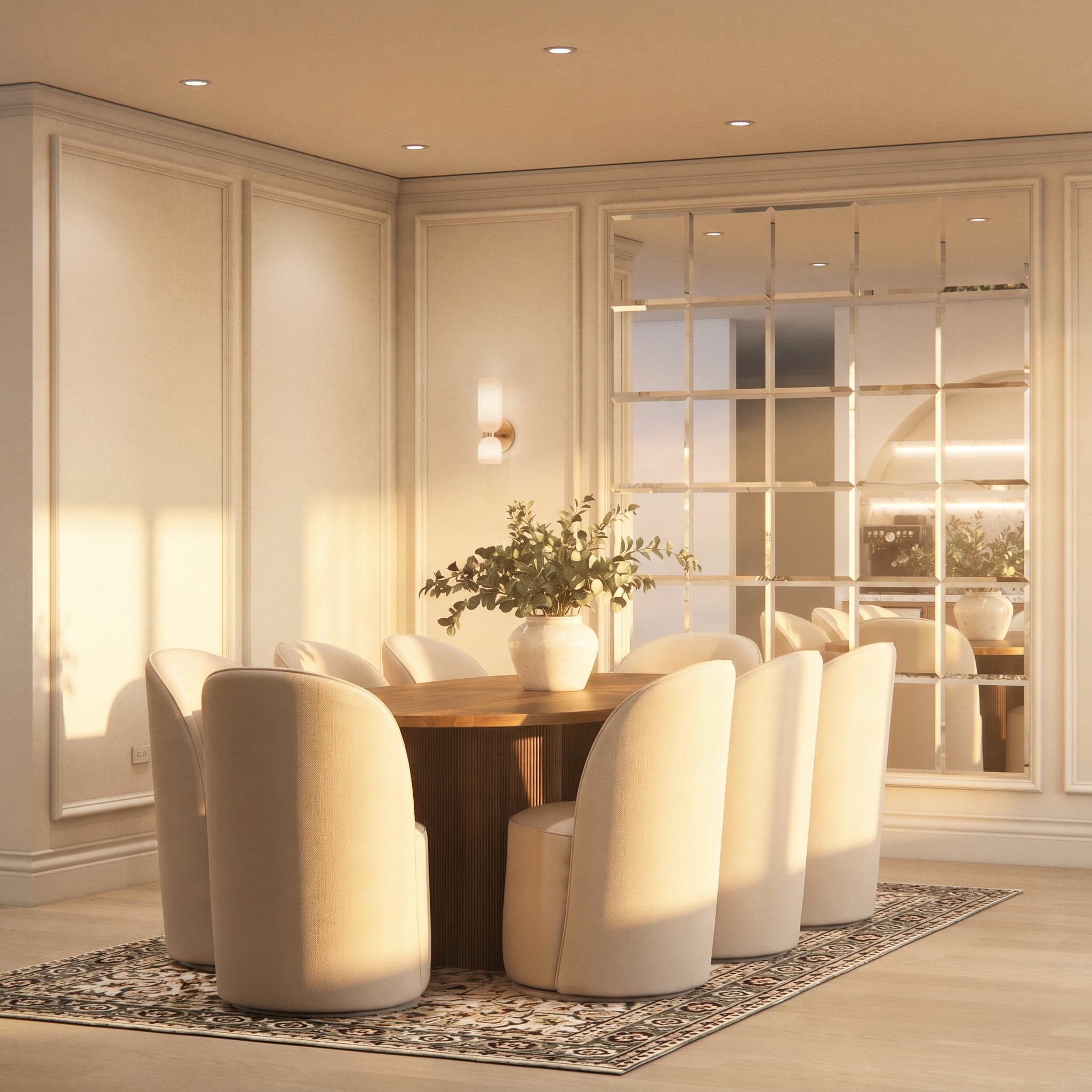 3D rendering of a round wood dining table with cream boucle chairs and a wall of mirrored panels in warm sunset light, Upstate New York home