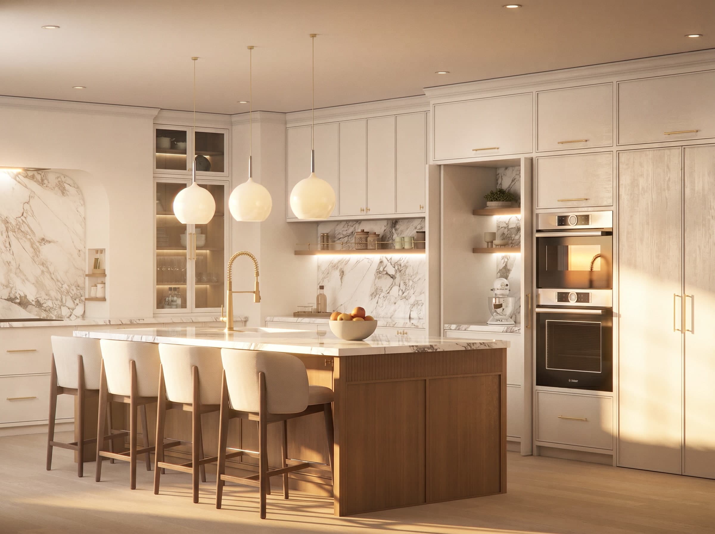 Photo-realistic 3D rendering of a modern-contemporary kitchen with dual oven tower, island with stools and built-in range hood. White marble countertop and backsplash