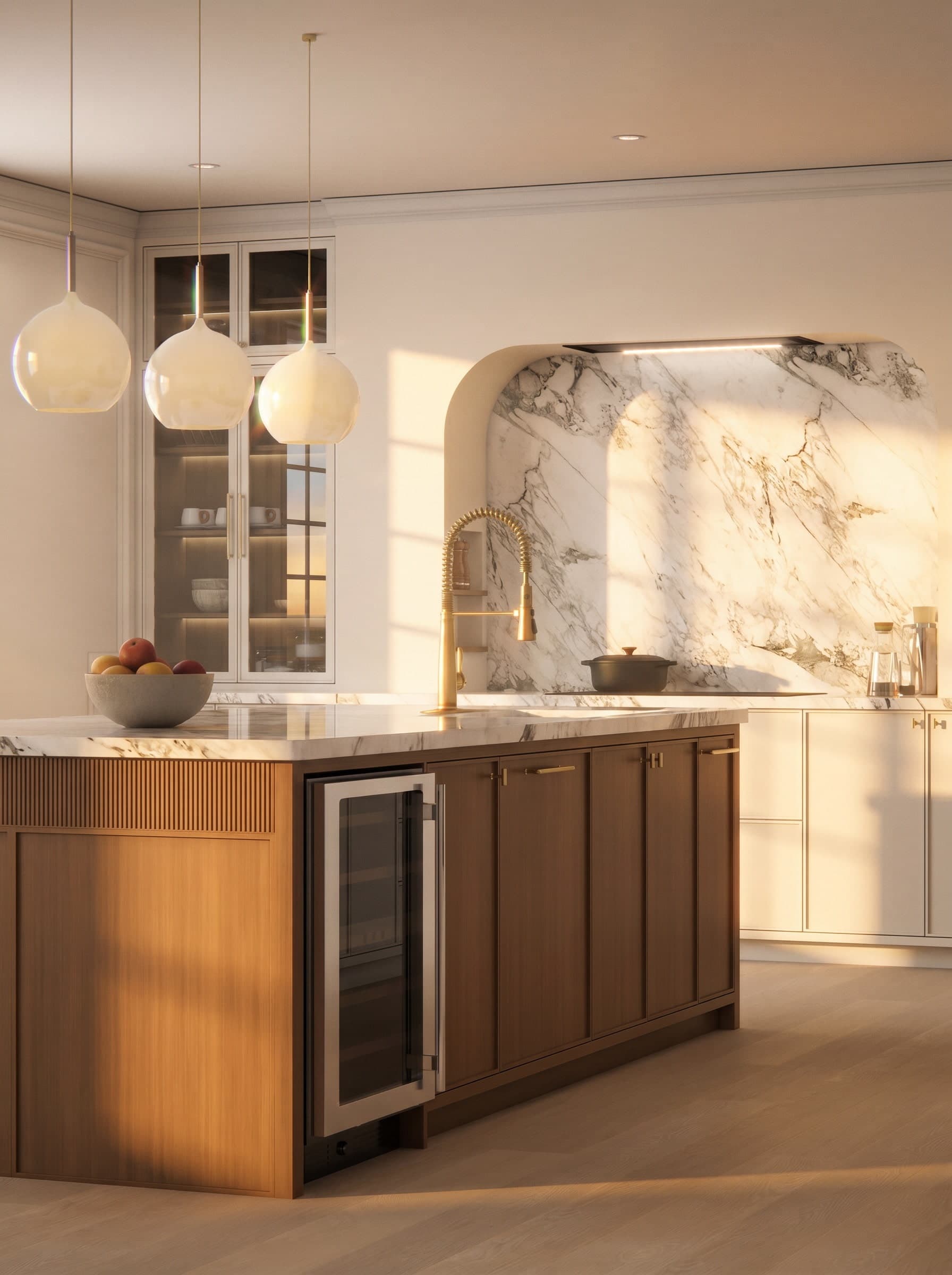 Photo-realistic 3D rendering of a modern-contemporary kitchen with dual oven tower, island with stools and built-in range hood. White marble countertop and backsplash
