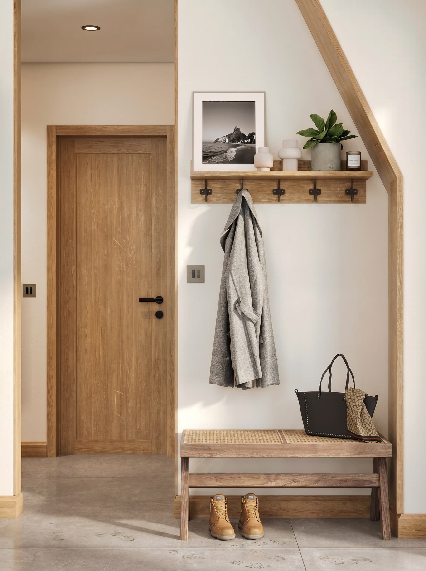 3D render of a cabin mudroom entry with oak door, peg rail, coat hooks and wood bench, Scandinavian A-frame in Muskoka