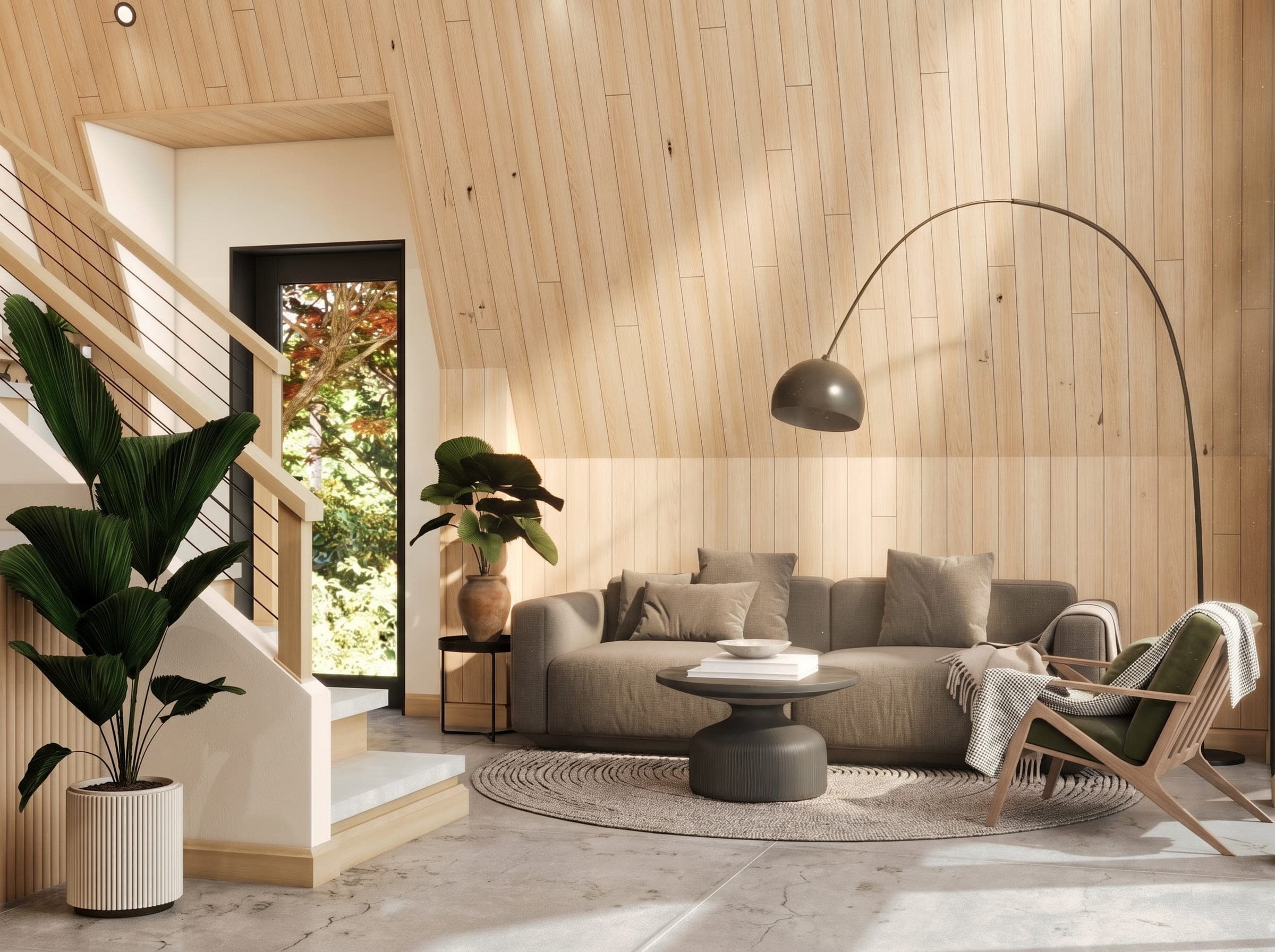 3D rendering of an A-frame cabin living room with a taupe sofa, arc floor lamp, lounge chair and pine-clad sloped walls, Muskoka, Ontario