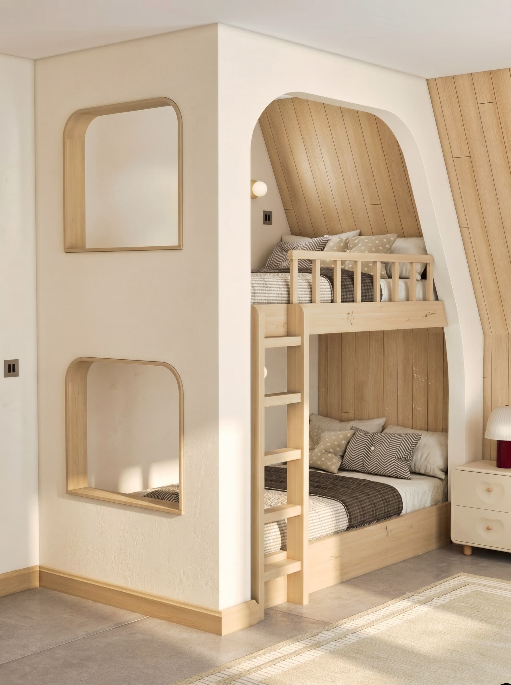 3D render of a kids bunk room with built-in oak bunk beds and arched plaster openings, A-frame cabin in Muskoka, Canada