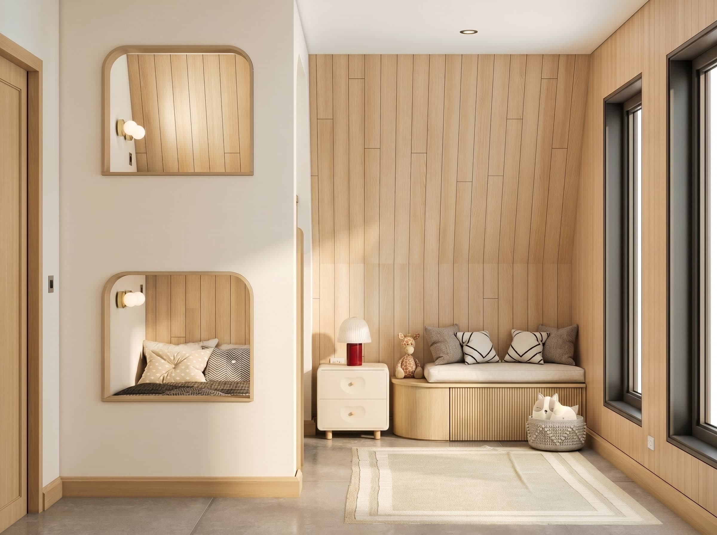 3D rendering of a children's room with arched reading nooks, built-in window bench and pine-clad walls, Muskoka A-frame cabin