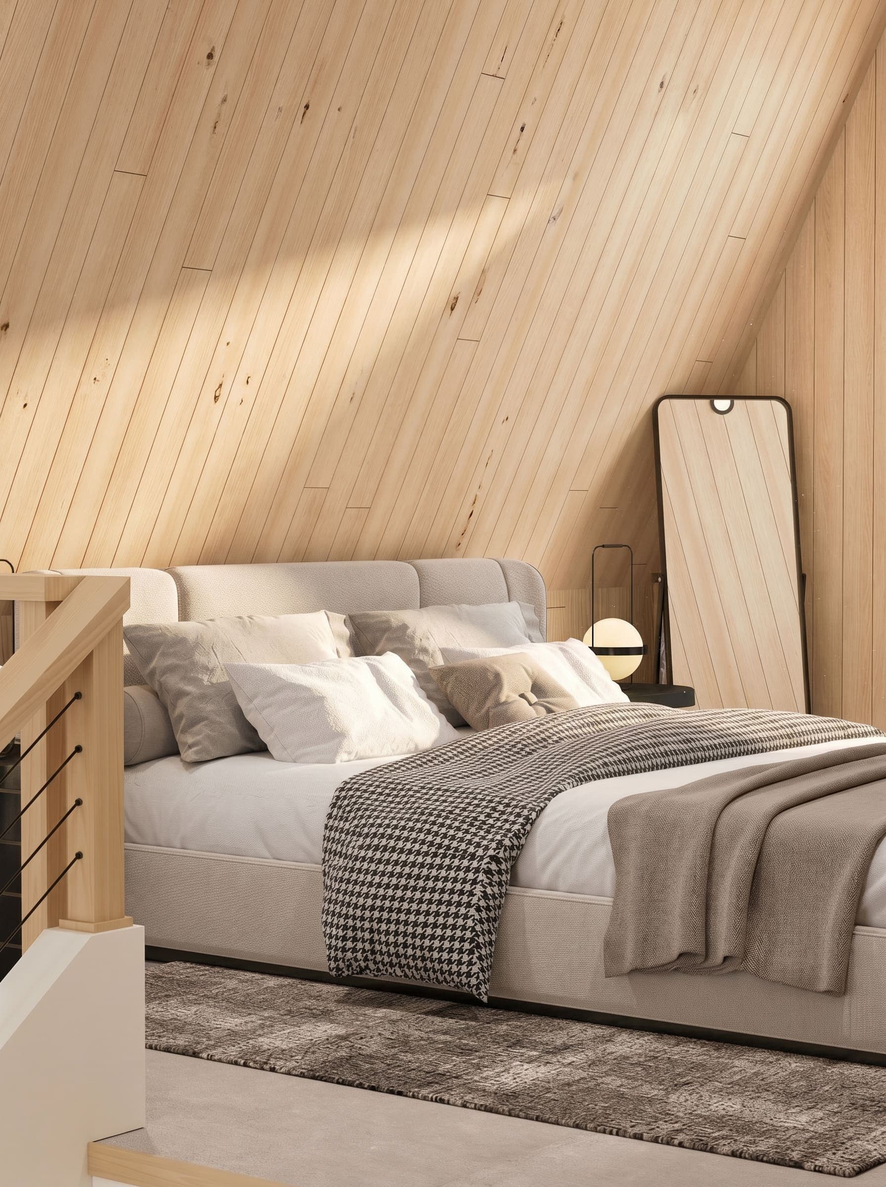 3D rendering of a loft bedroom under a pine A-frame ceiling with upholstered bed, layered throws and floor mirror, Muskoka cabin