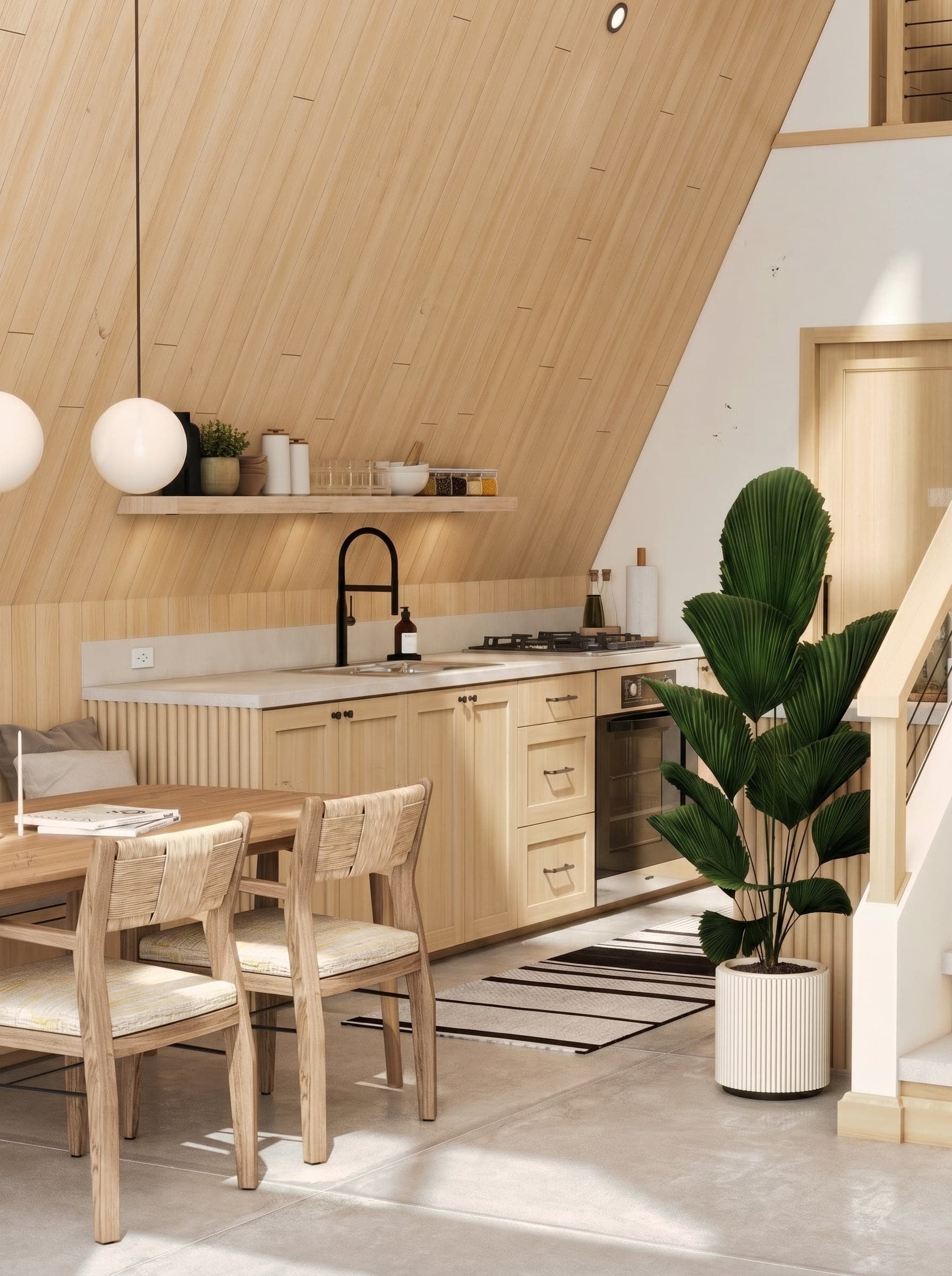 3D render of an A-frame cabin kitchen in Muskoka, Canada, with light oak cabinets, floating shelf, globe pendant and oak dining set