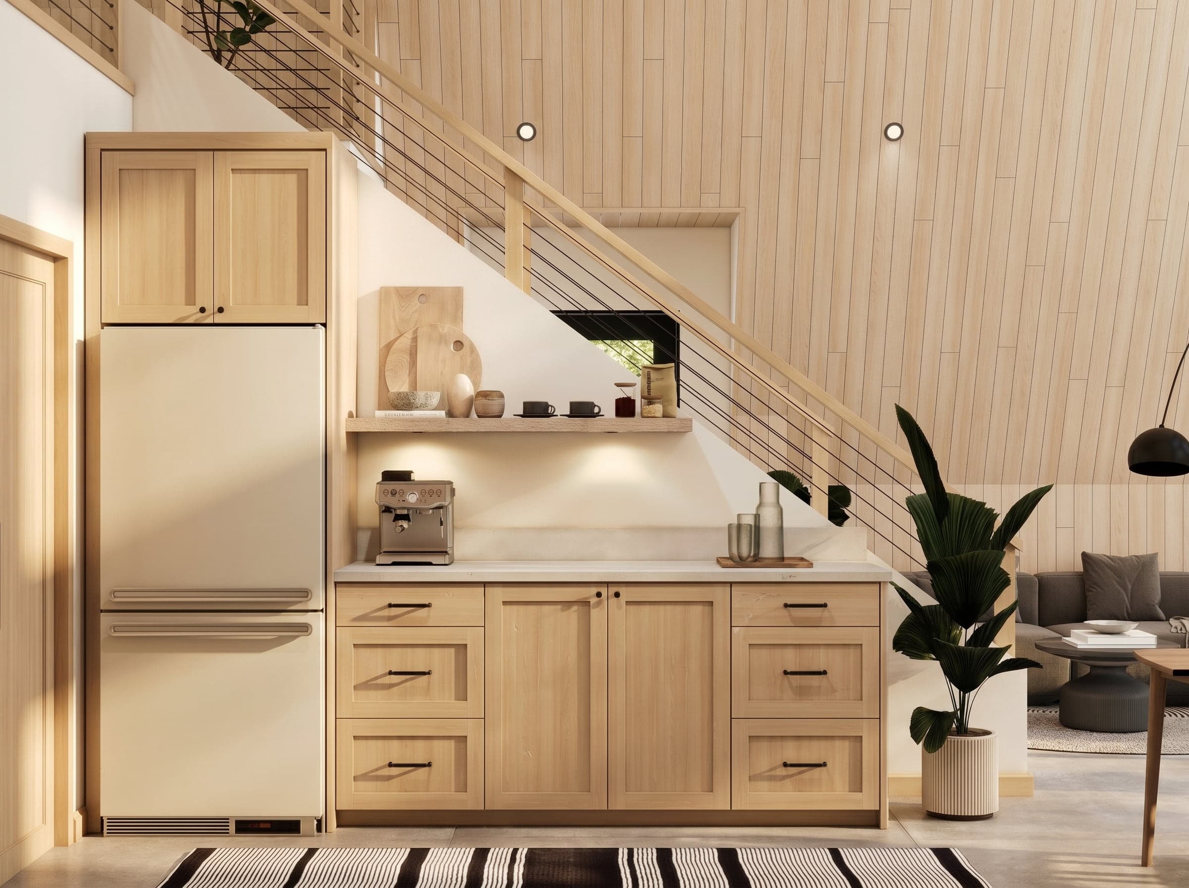 3D rendering of an A-frame cabin kitchenette under the stairs with oak shaker cabinets, integrated fridge and espresso corner, Muskoka, Ontario