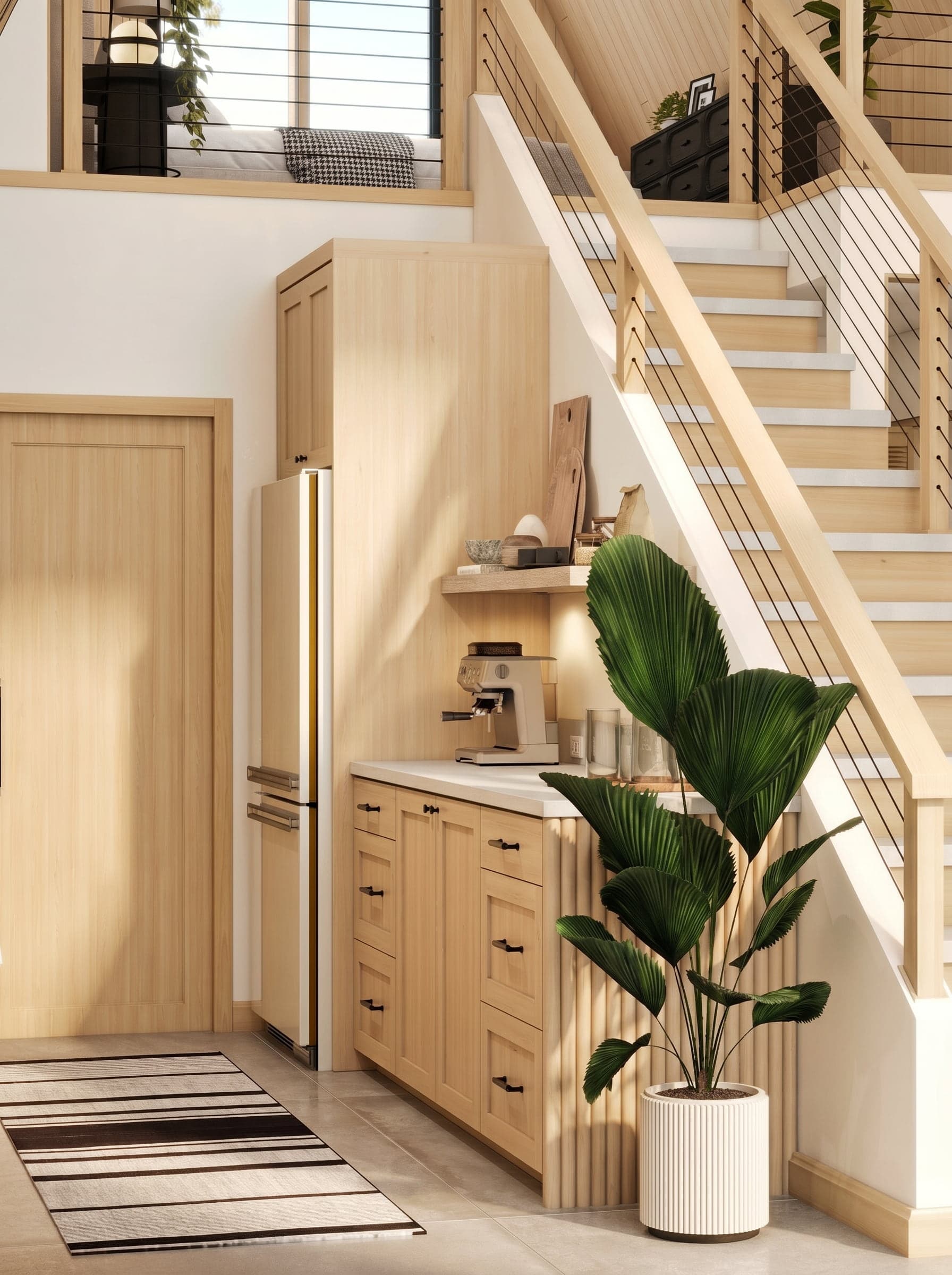 3D render of oak kitchen cabinets beside an open-tread staircase with cable railing in a Scandinavian-style A-frame cabin, Muskoka