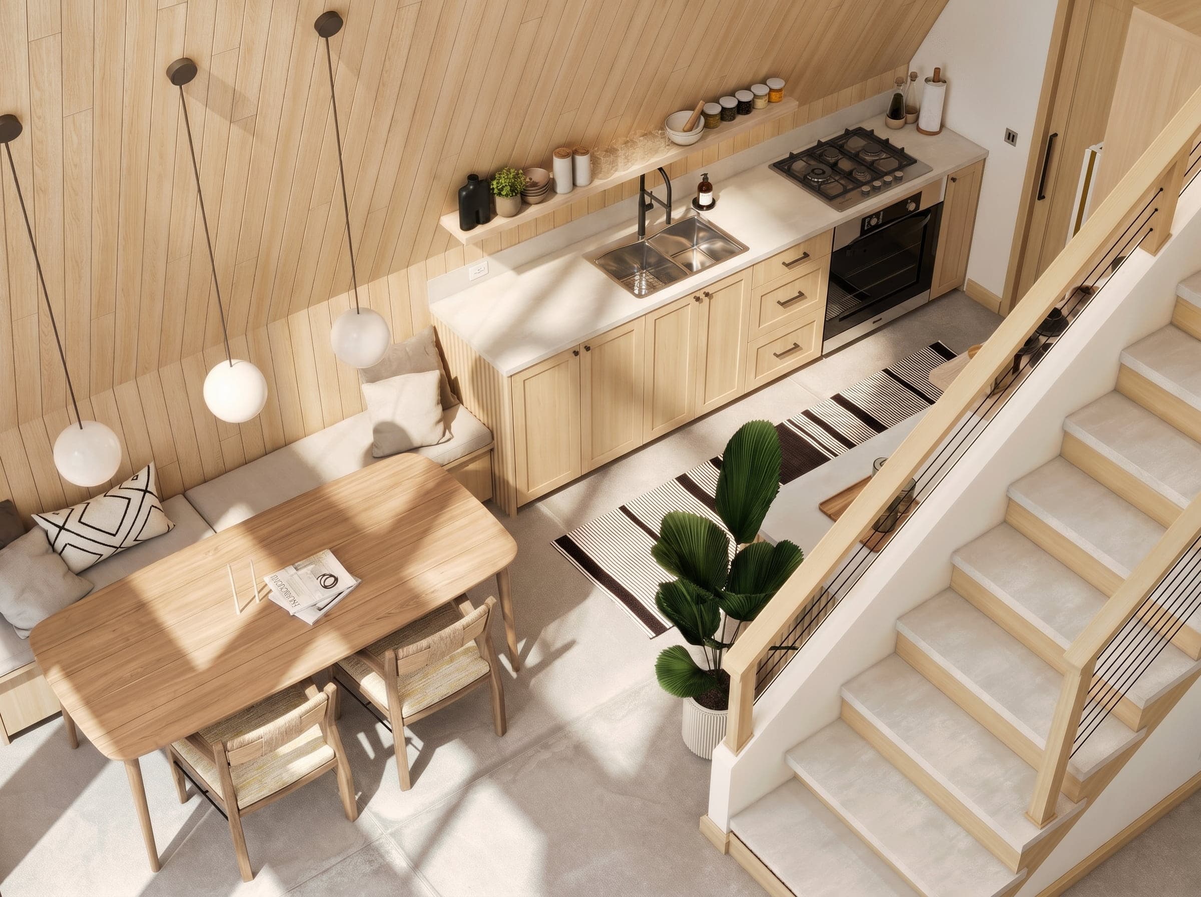 A-frame cabin interior design 3D render Muskoka Canada Scandinavian Nordic light oak wood vaulted ceiling loft bedroom kids room laundry cozy warm cottage Studio 5