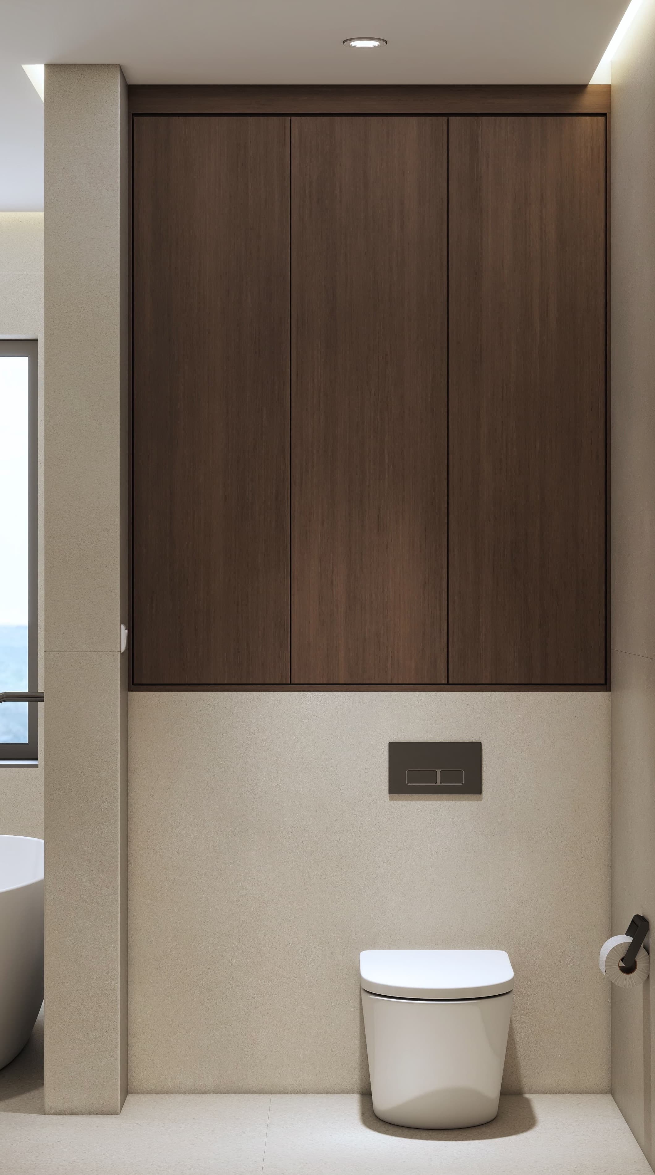 3D render of a wall-hung toilet beneath walnut storage cabinets with beige microcement walls, Texas master bathroom
