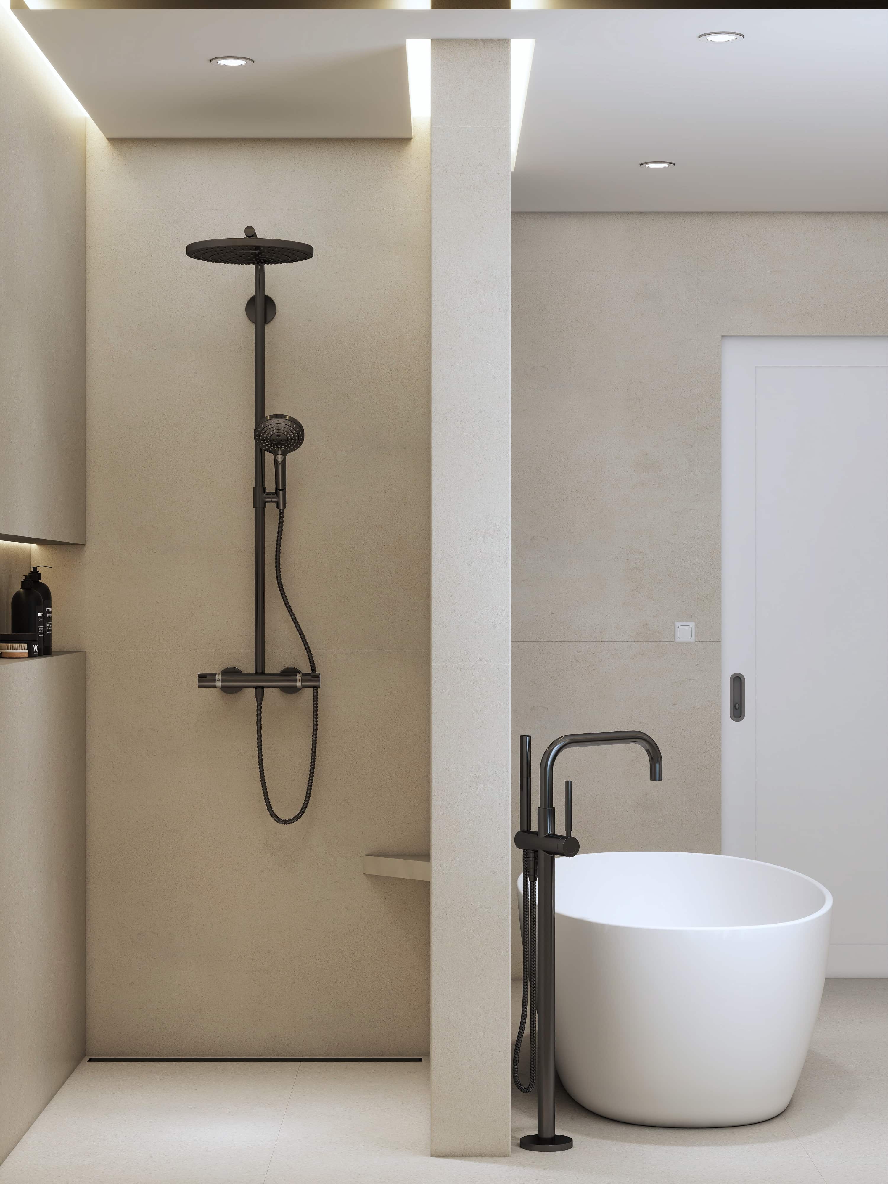 3D rendering of a walk-in rain shower beside a freestanding tub with matte black floor-mounted filler, Texas master bathroom