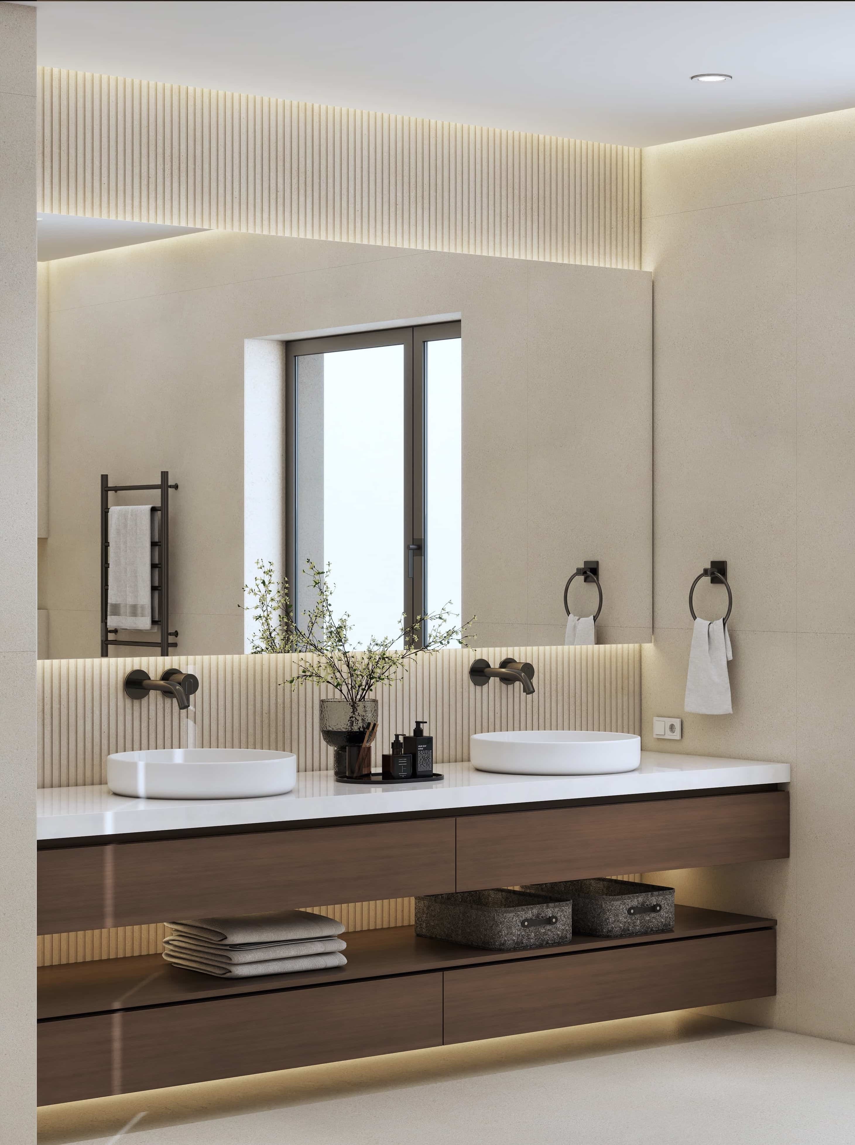 Photorealistic master bathroom 3D rendering in Texas. Warm minimalist design, walnut vanity, day and night visualization by Studio 5.