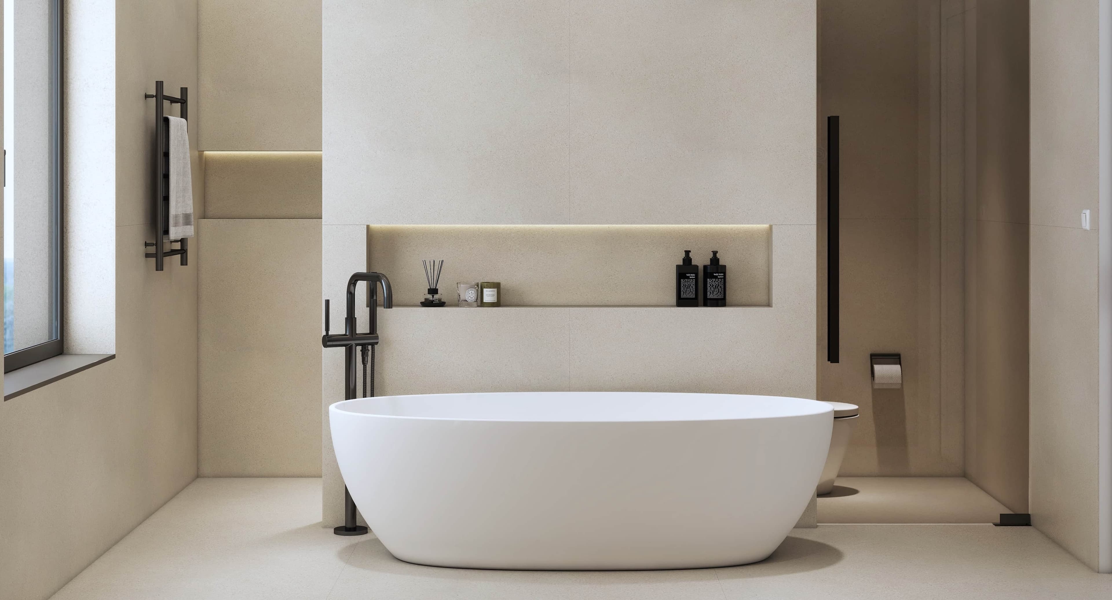 Photorealistic master bathroom 3D rendering in Texas. Warm minimalist design, walnut vanity, day and night visualization by Studio 5.
