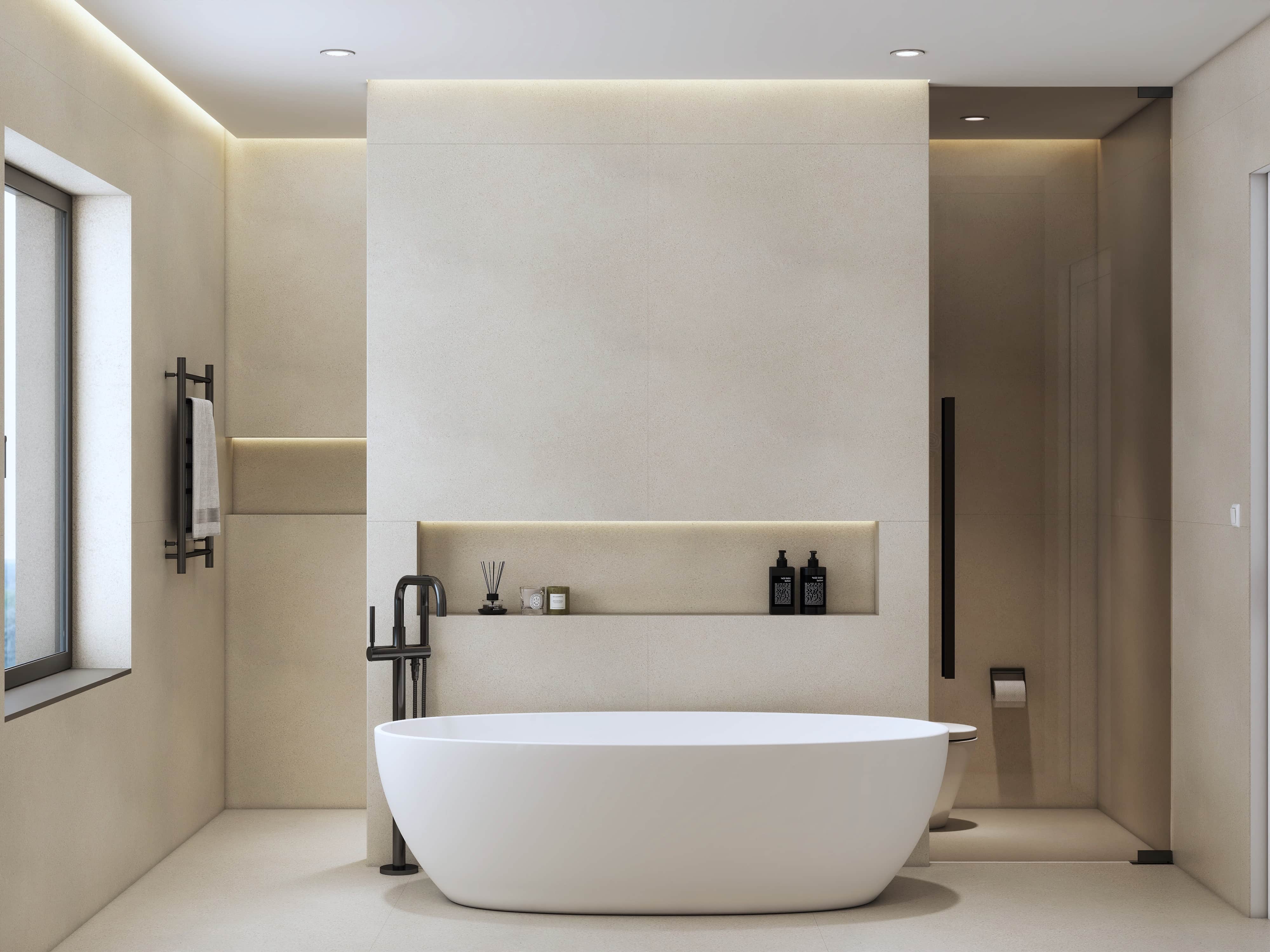 Photorealistic master bathroom rendering with a freestanding oval tub, plaster-look walls, recessed niche and walk-in shower, Texas