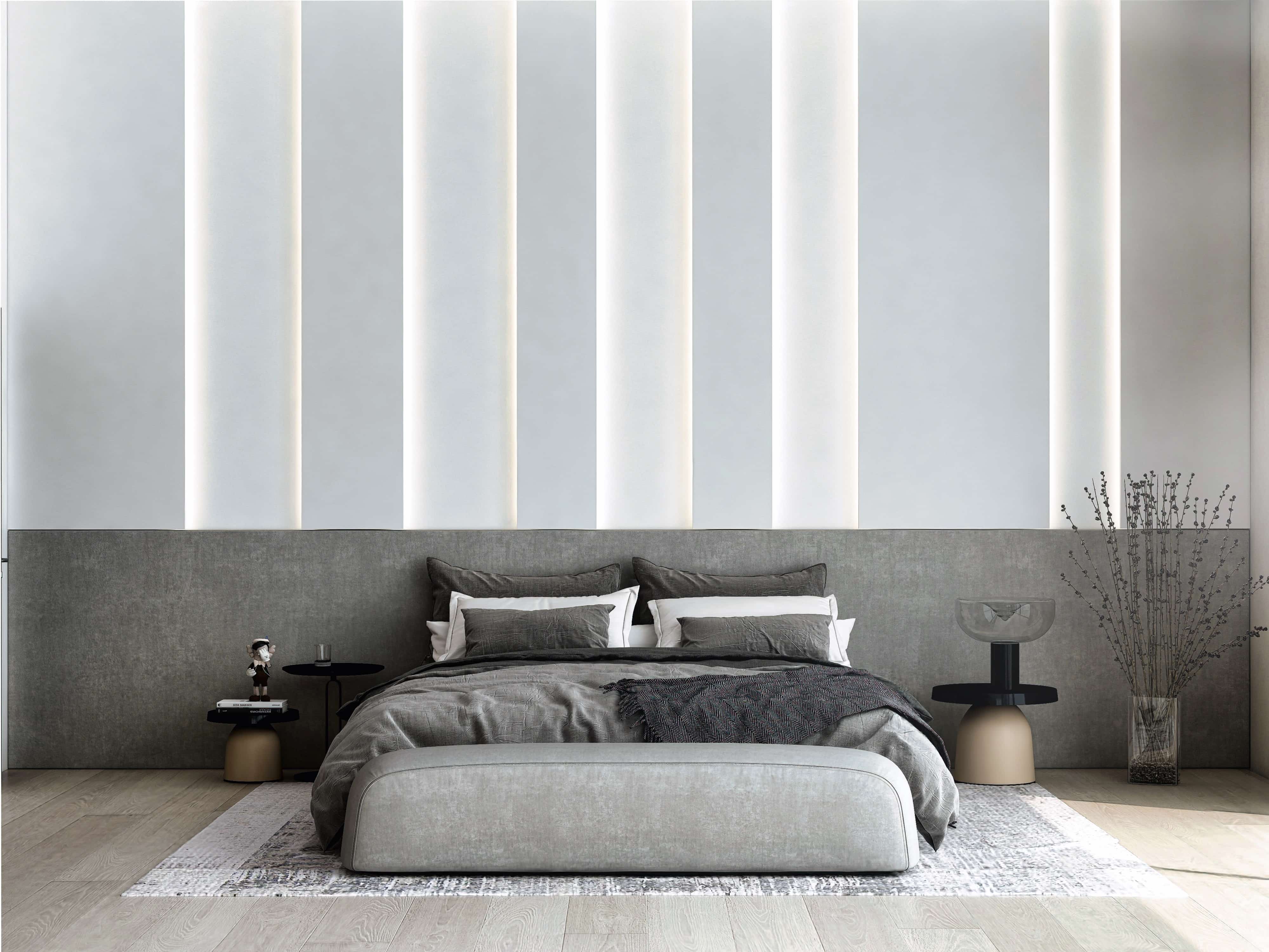 3D render of a minimalist primary bedroom with backlit vertical wall panels, grey upholstered bed and stone feature wall, New York City