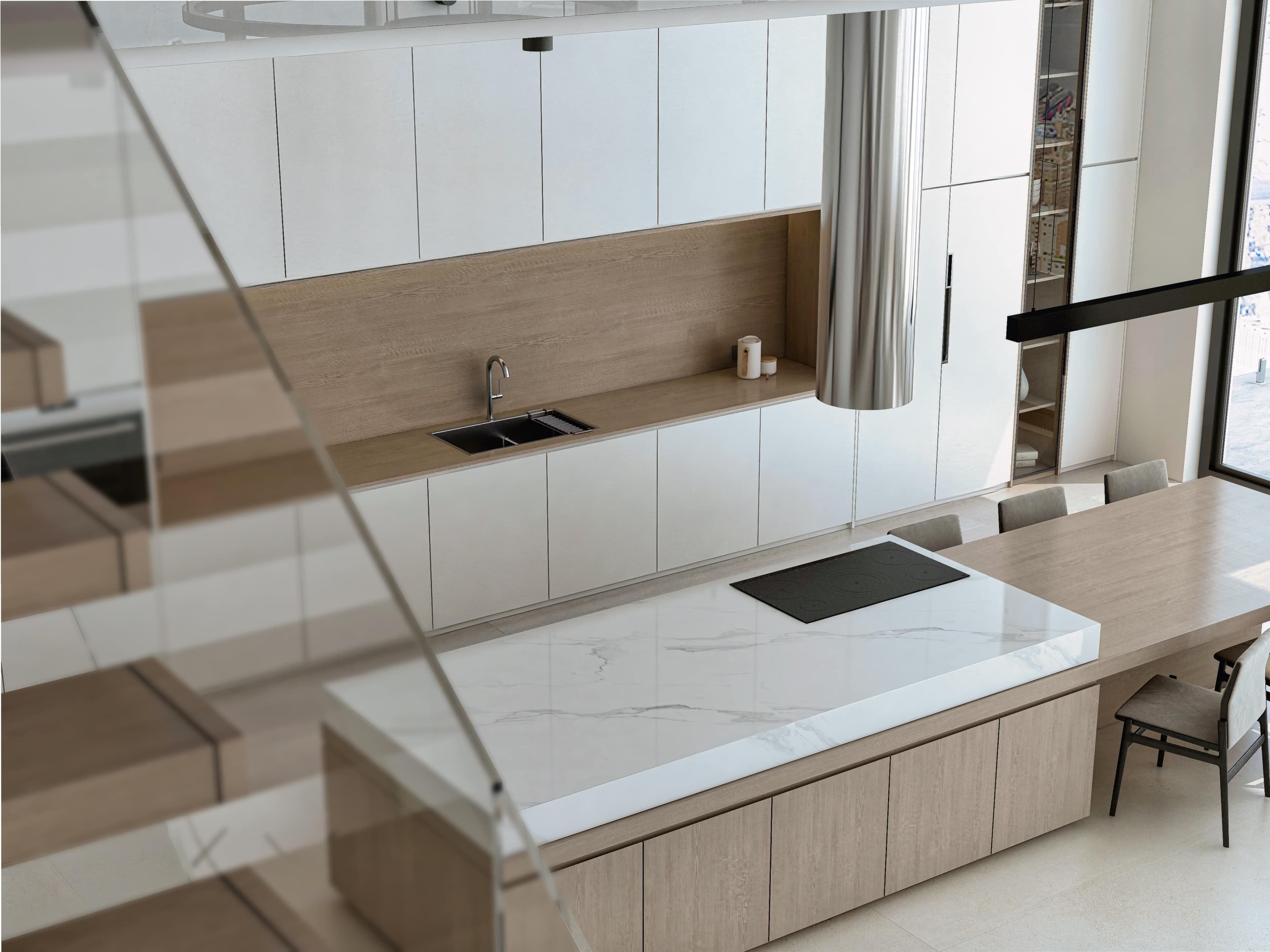 3D interior rendering of a white marble kitchen island with flush induction cooktop, oak base cabinets and stainless steel hood, New York penthouse