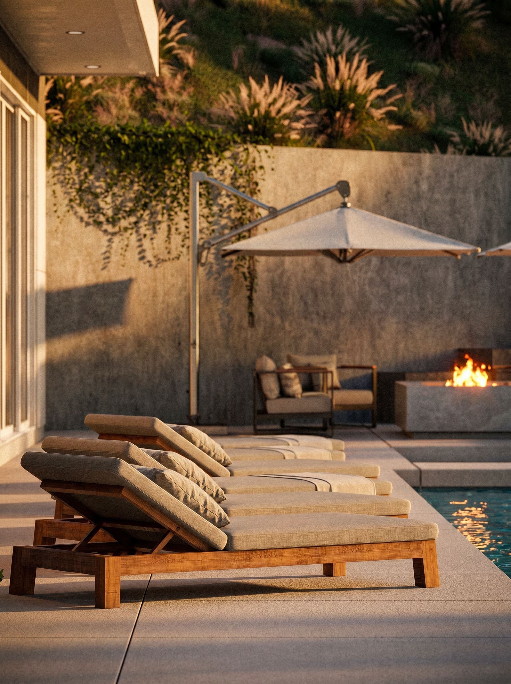3D rendering of teak pool loungers, a cantilever umbrella and a concrete fire table beside the pool, Beverly Hills residence