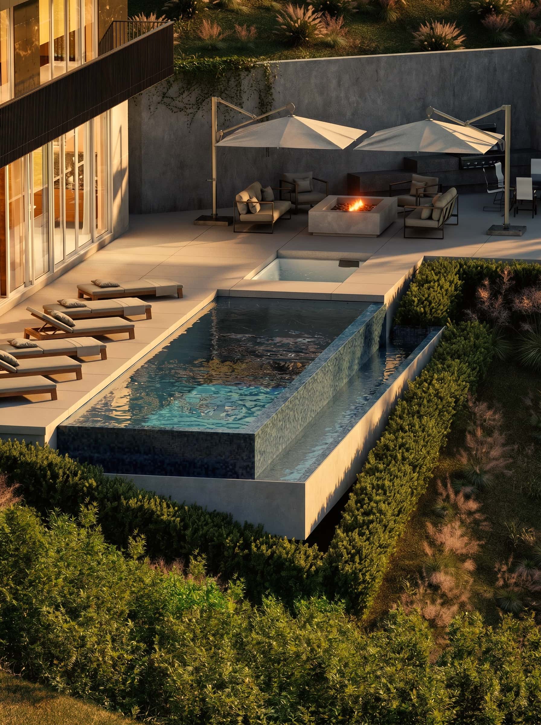 Aerial 3D render of an infinity-edge pool, sun loungers and covered fire-pit lounge on a hillside terrace in Beverly Hills