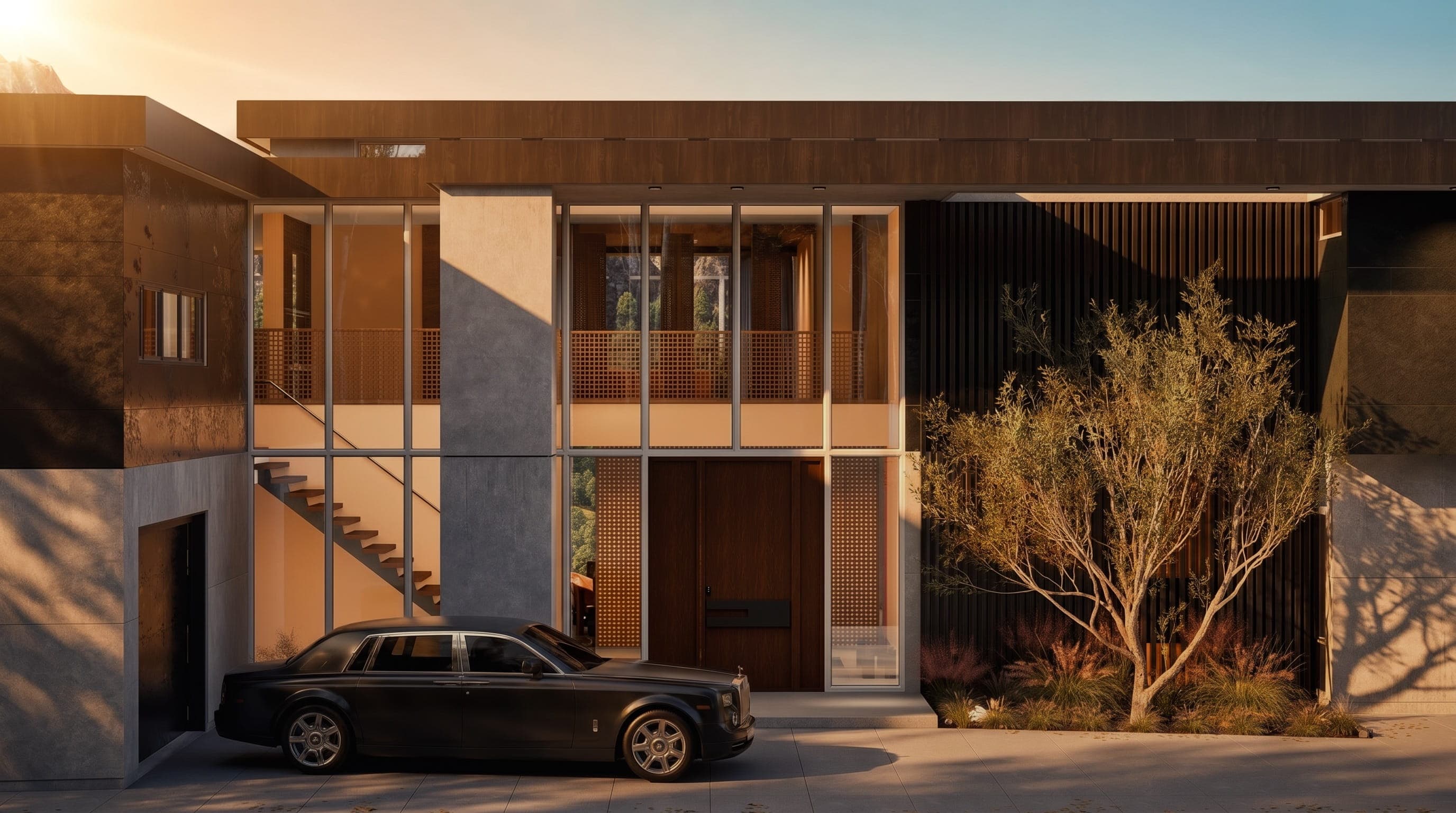 Exterior 3D rendering of a modern two-storey Beverly Hills home at golden hour, glass and bronze facade with an olive tree in the motor court