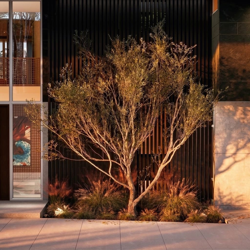 Architectural visualization of an olive tree and ornamental grasses against a dark slatted screen wall at a modern Los Angeles home entrance