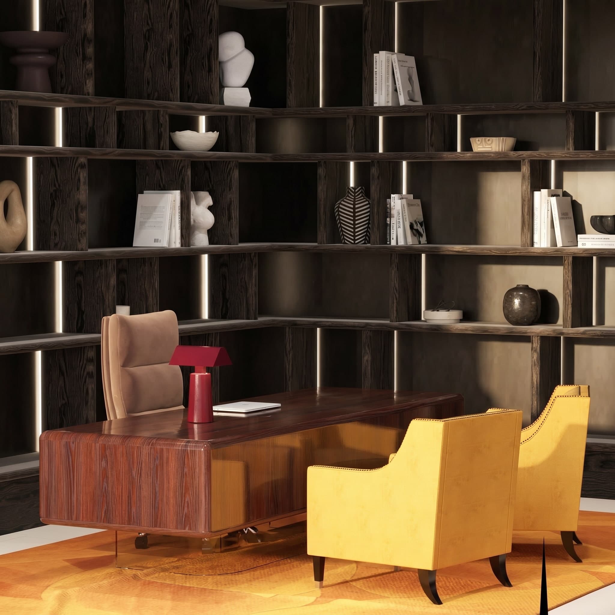 3D rendering of a home office with a rosewood desk, mustard velvet armchairs and backlit dark oak bookshelves, Beverly Hills residence