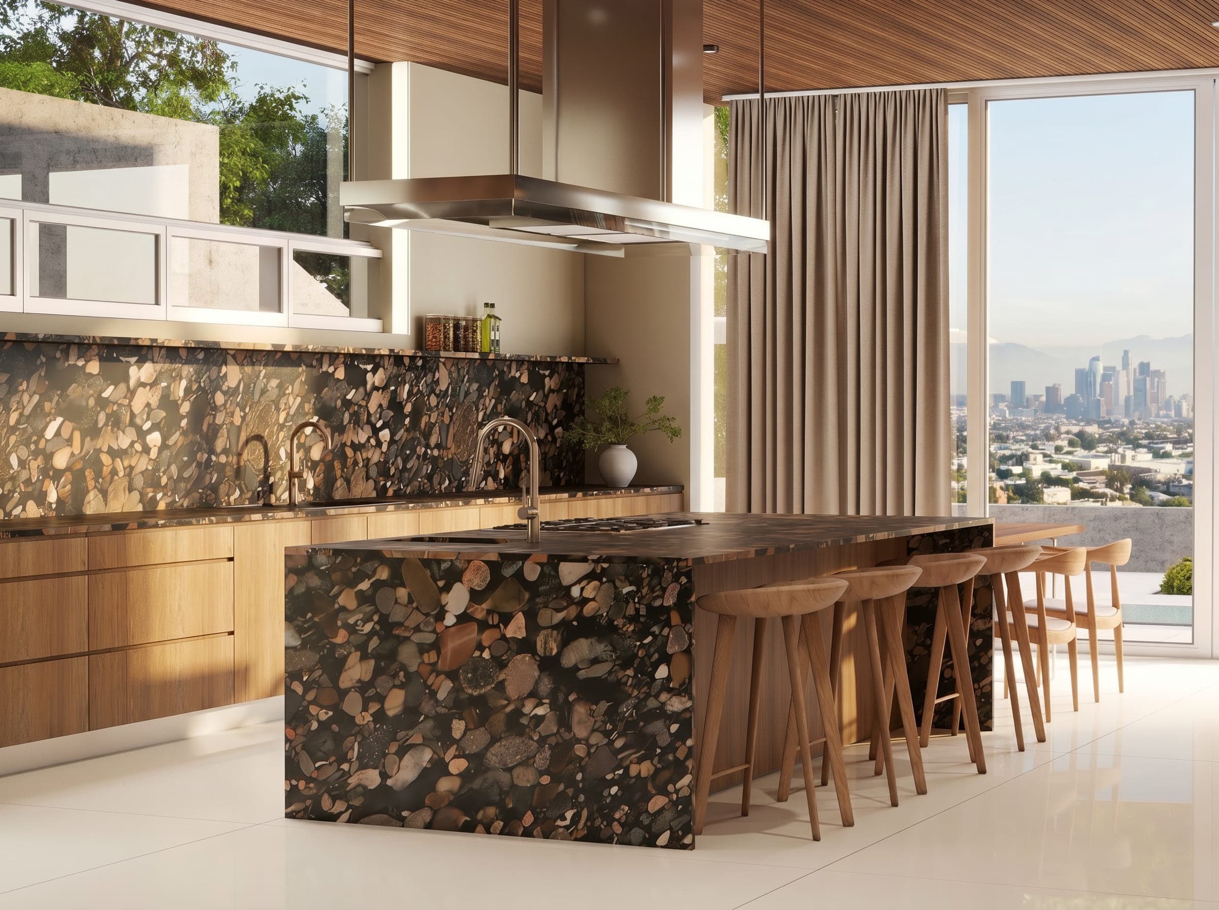 3D kitchen rendering with a Marron Imperial marble waterfall island, oak cabinetry, stainless hood and city views, Beverly Hills, Los Angeles