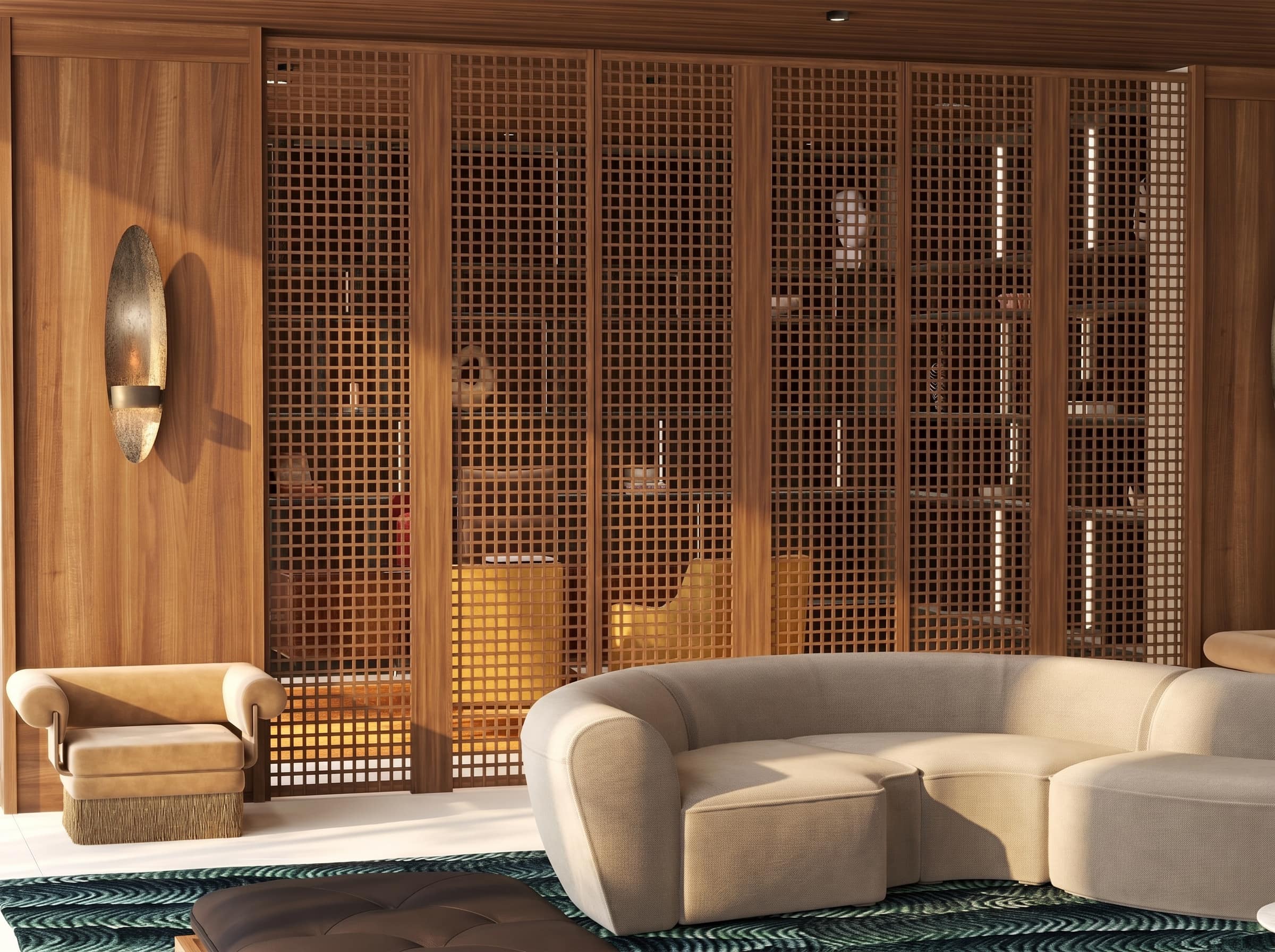3D render of a cream curved sofa in front of a full-height walnut lattice wall with integrated shelving, Beverly Hills living room