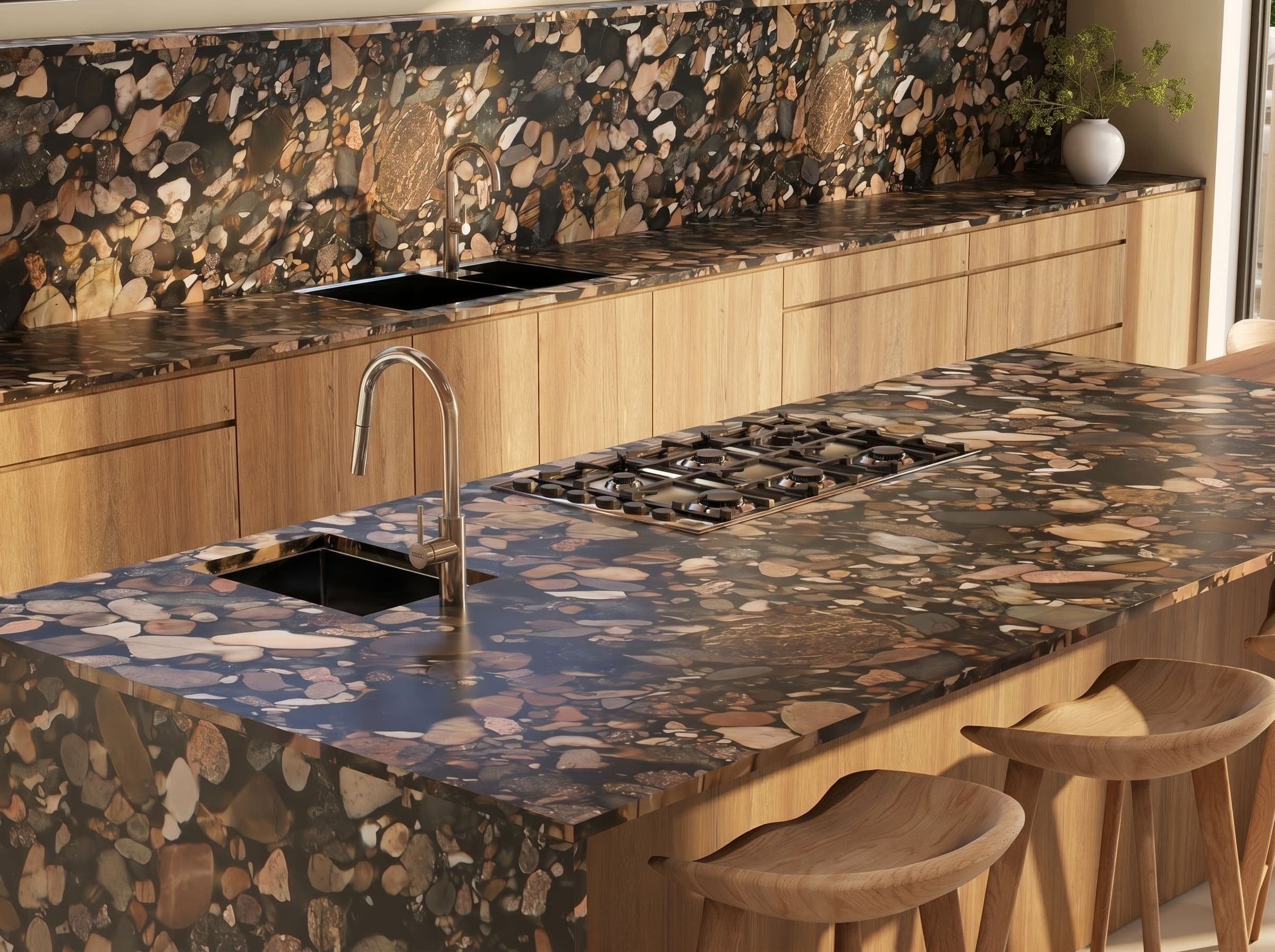 3D render detail of a dramatic Marron Imperial marble island with integrated sink, gas cooktop and oak counter stools, Beverly Hills kitchen