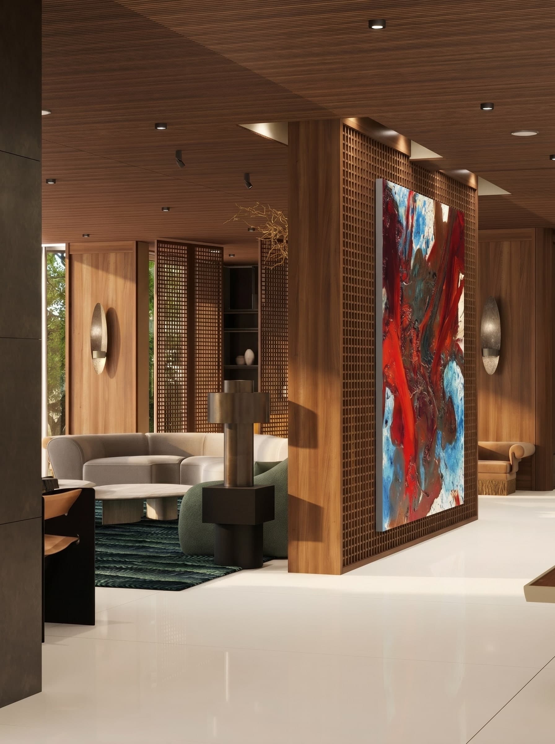 3D render of a walnut lattice partition displaying an abstract painting, with a lounge area beyond, Beverly Hills interior