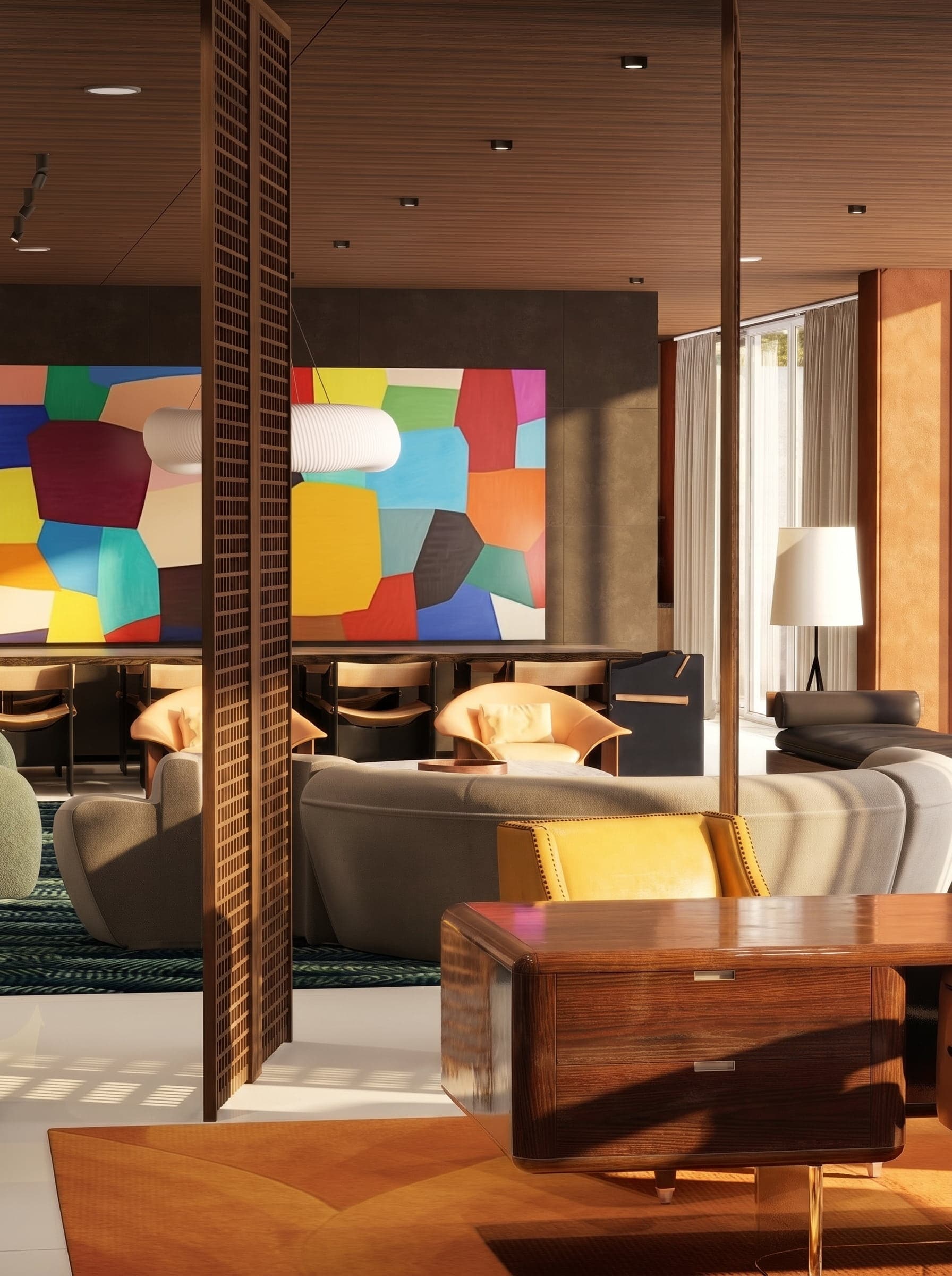 Luxury interior design 3D architectural visualization Beverly Hills Los Angeles mid-century modern walnut wood lattice terrazzo stone bold art collector penthouse Studio 5 A-OK Interiors