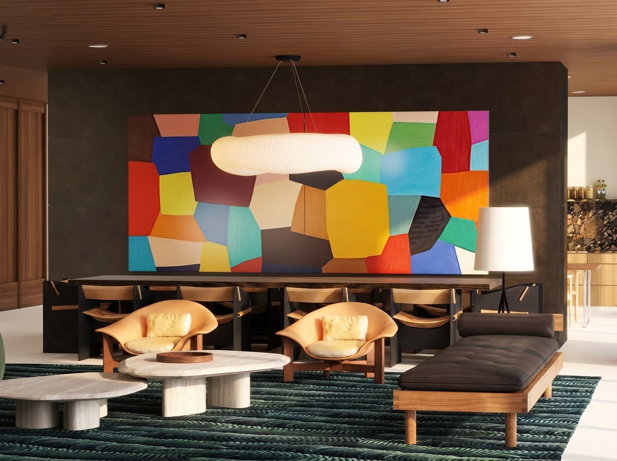3D rendering of a dining and lounge area with a large colorful geometric painting, sculptural leather chairs and travertine tables, Beverly Hills