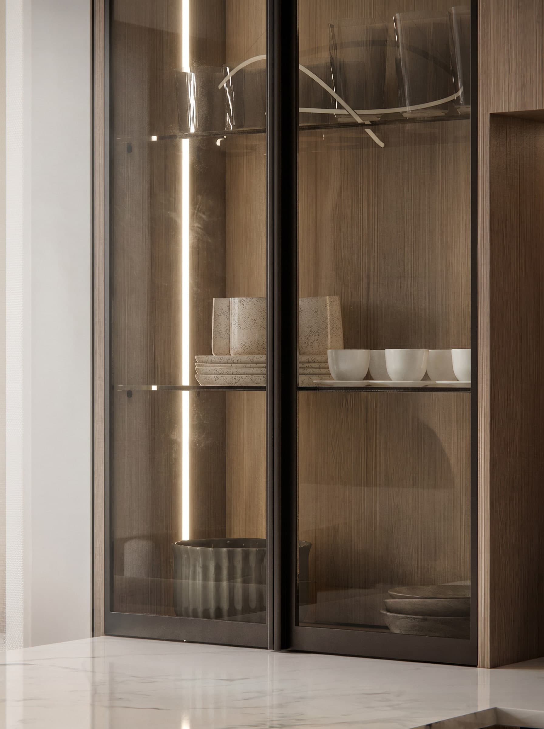 3D render of a bronze-framed glass display cabinet with integrated LED lighting and walnut interior, Lebanon apartment