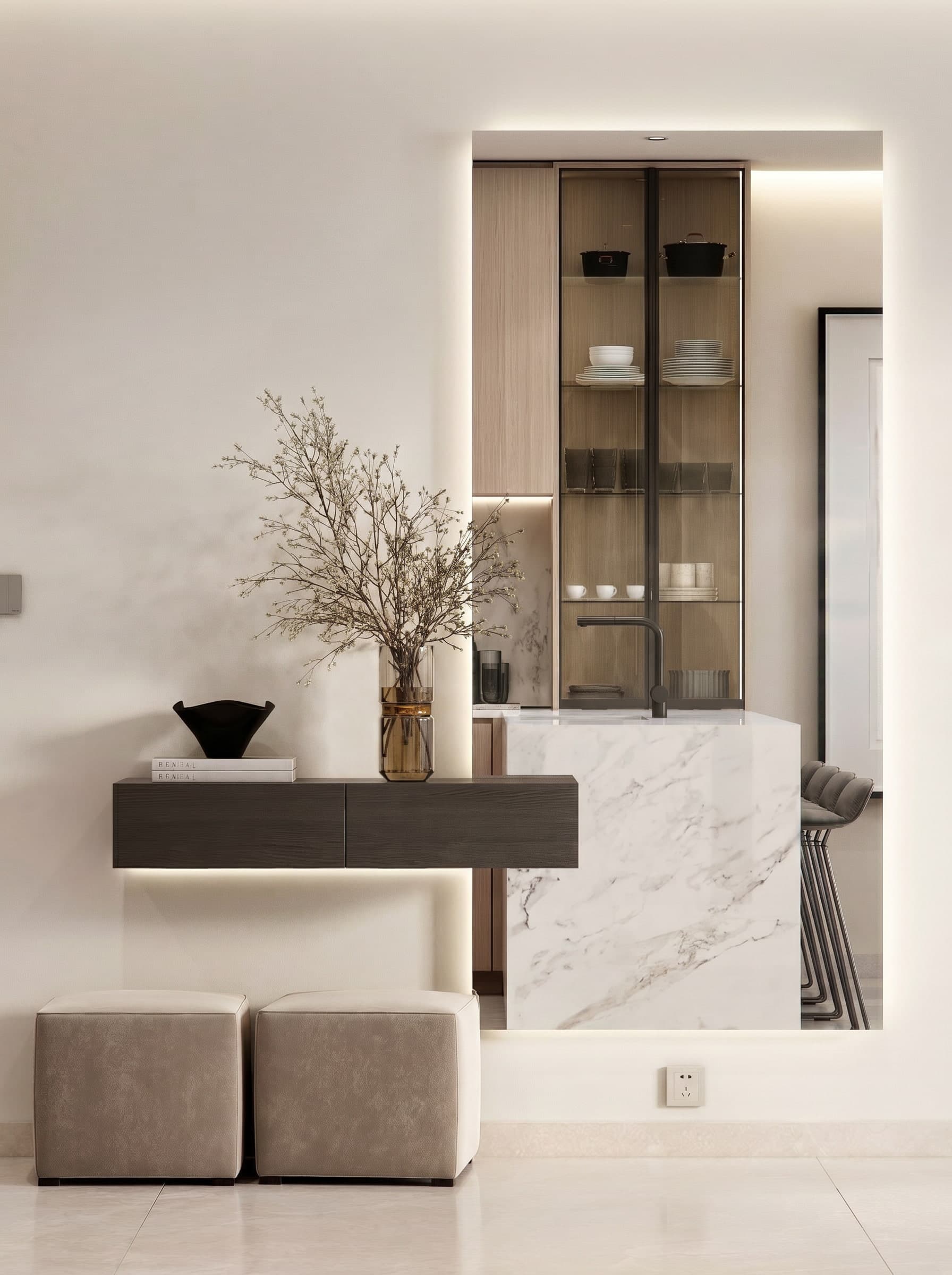 3D rendering of a marble-clad bar niche with a backlit glass cabinet, floating shelf and linen ottomans, Lebanon apartment