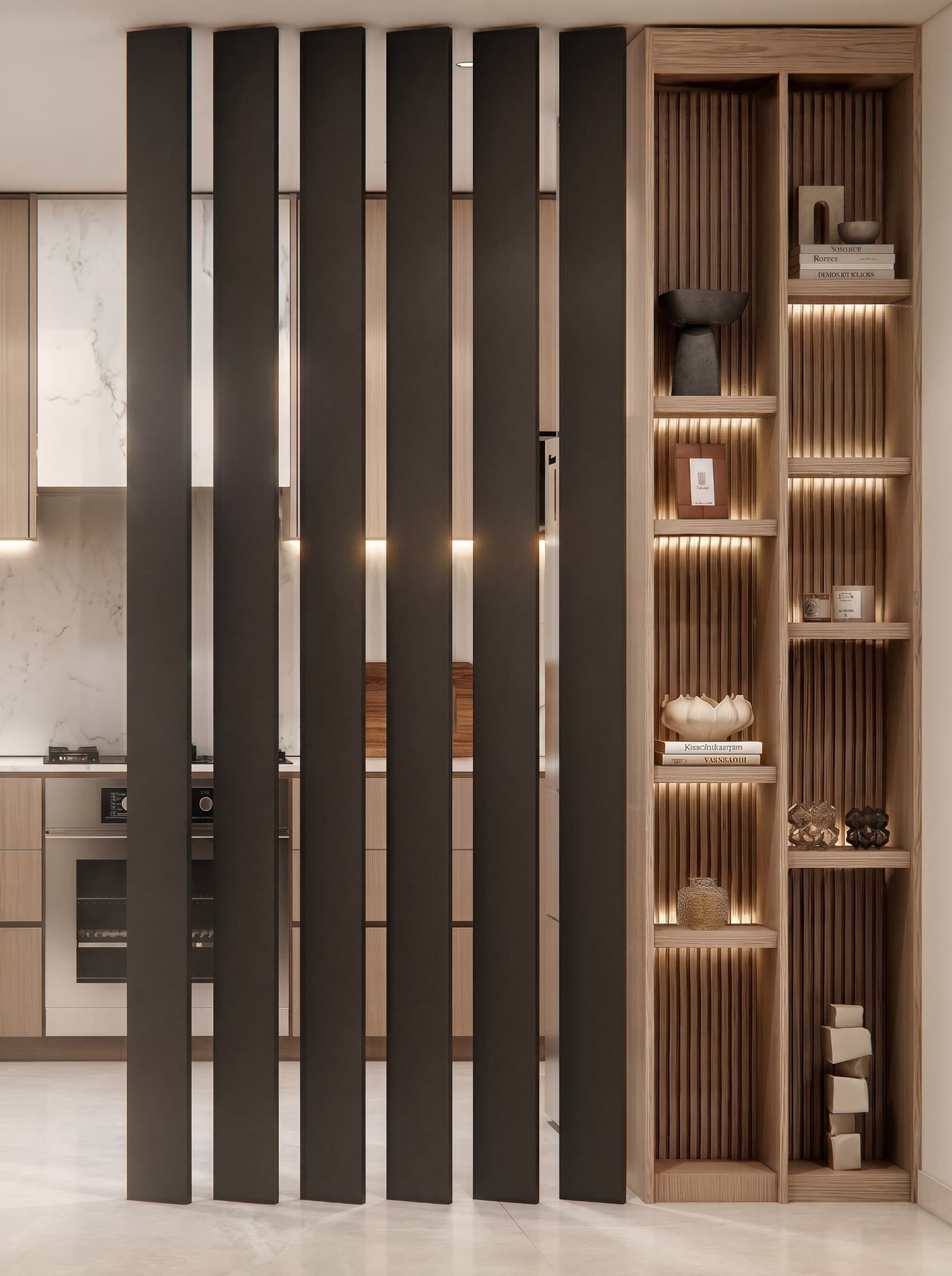 Interior rendering of a dark slatted wood room divider and backlit walnut display shelving in front of the kitchen, Lebanon apartment renovation