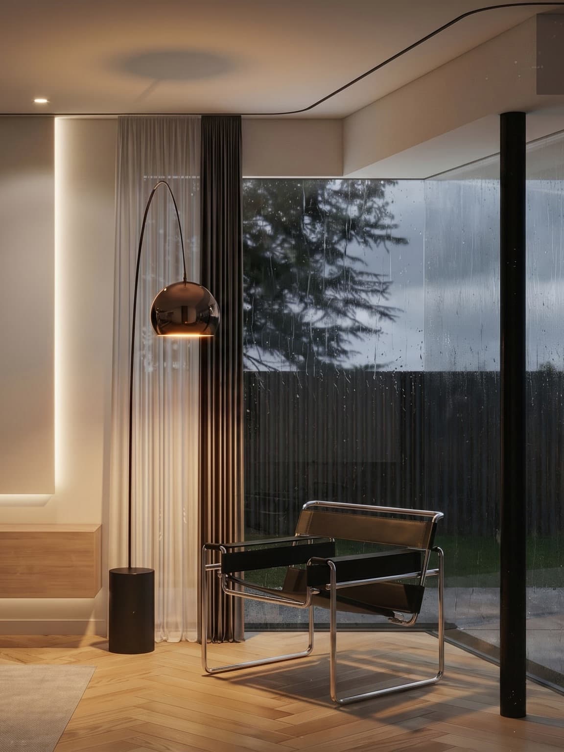 minimalist living room with designer arm chair and wood flooring, floor to ceiling windows