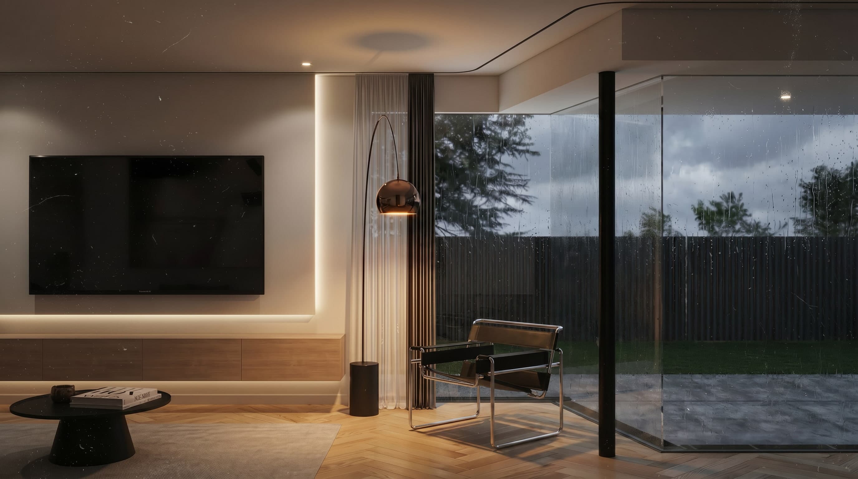 minimalist living room with designer arm chair and wood flooring, floor to ceiling windows