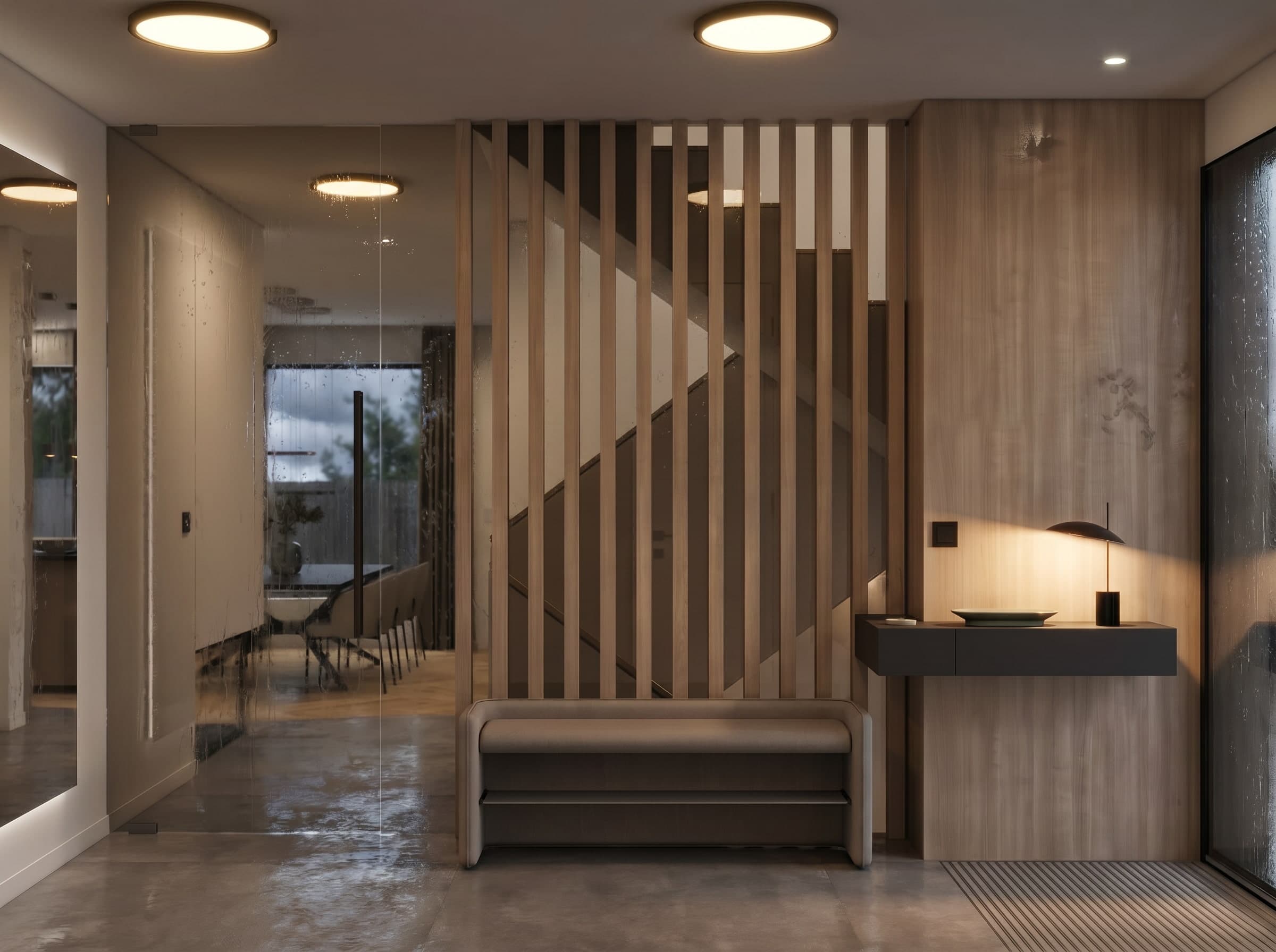 minimalist entrance foyer with built-in console table and a slatted partition, polished concrete floorings