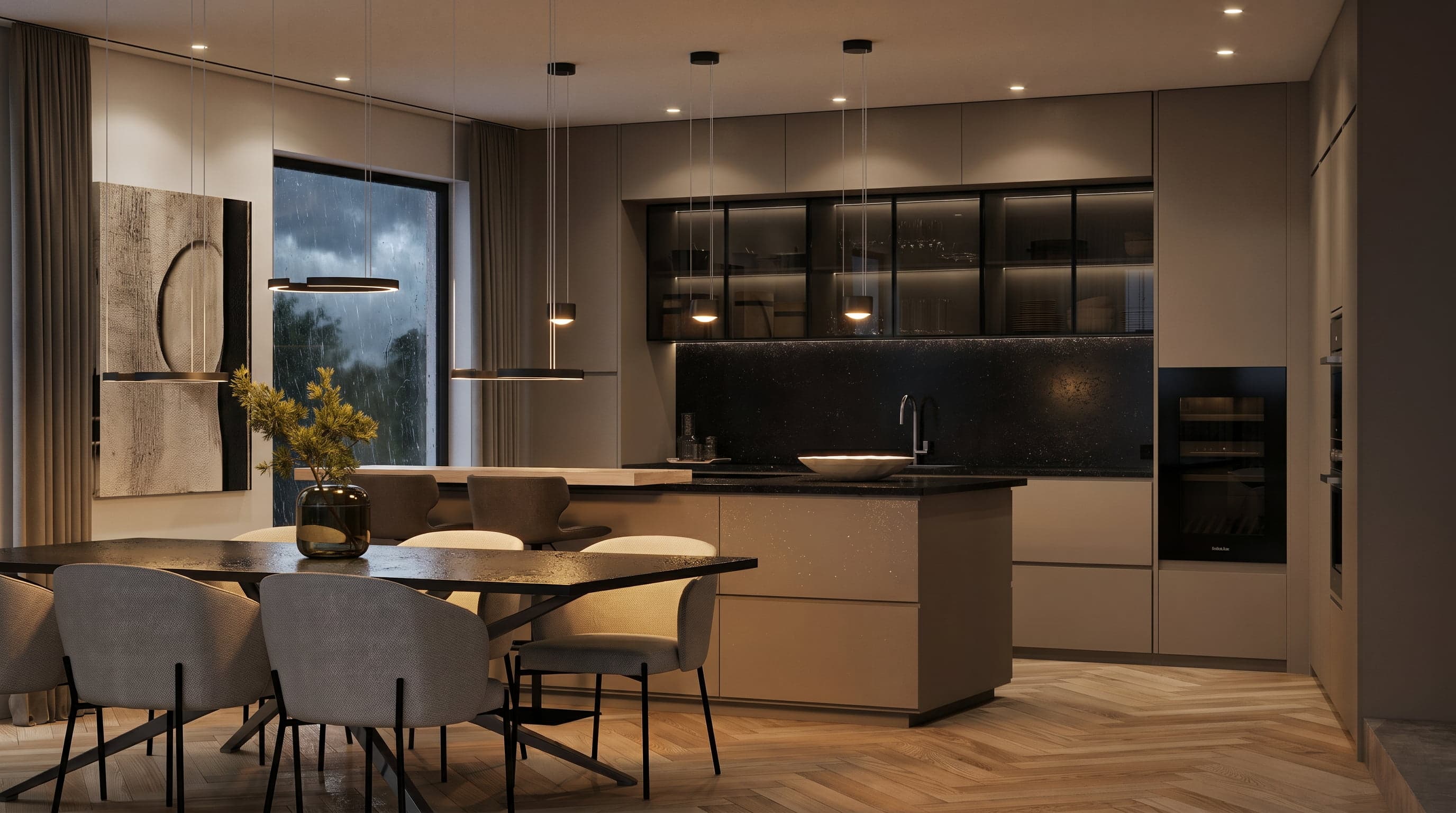 modern kitchen with dark cabinets and upper glass gabinets, dark stone countertop and backsplash. Herringbone flooring