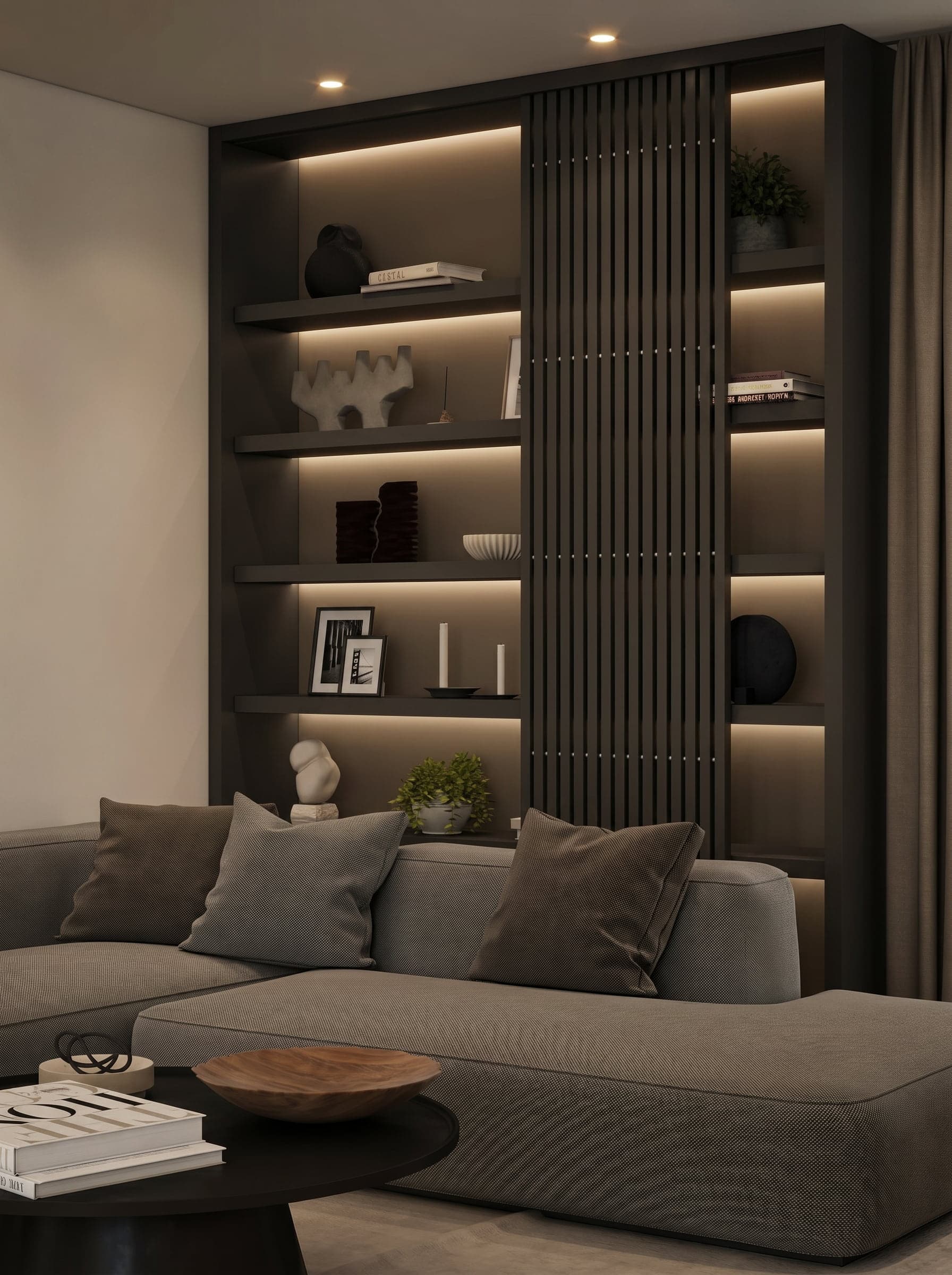 minimalist built-in unit in a modern german home living room, large sectional couch