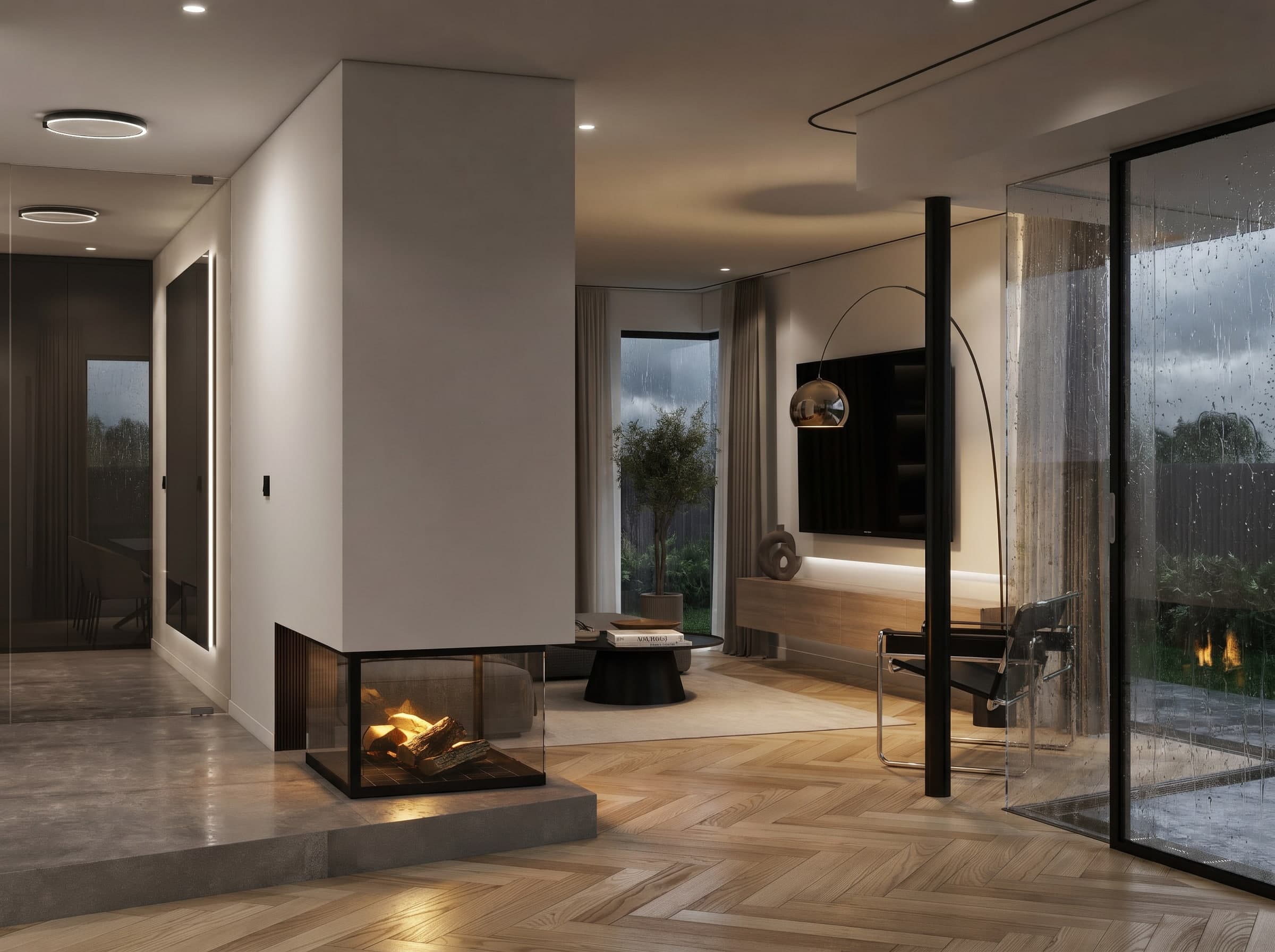minimalist living room with designer arm chair and wood flooring, floor to ceiling windows