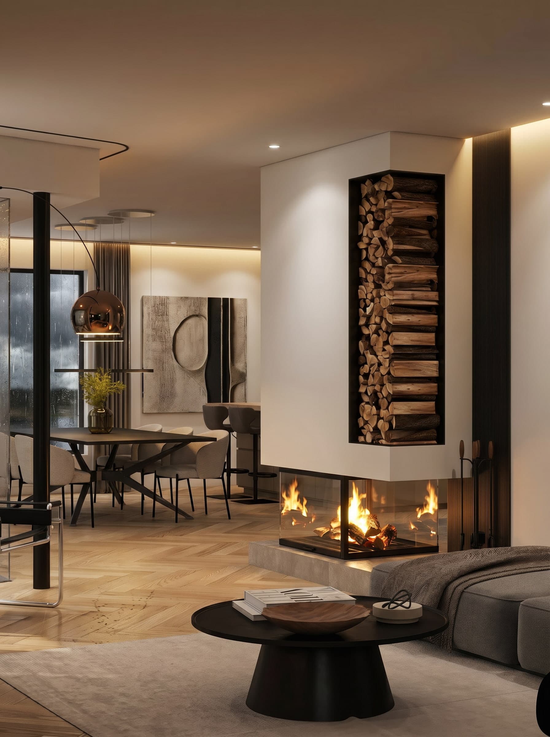 a lit 3-sided monolithic fireplace in a modern german home