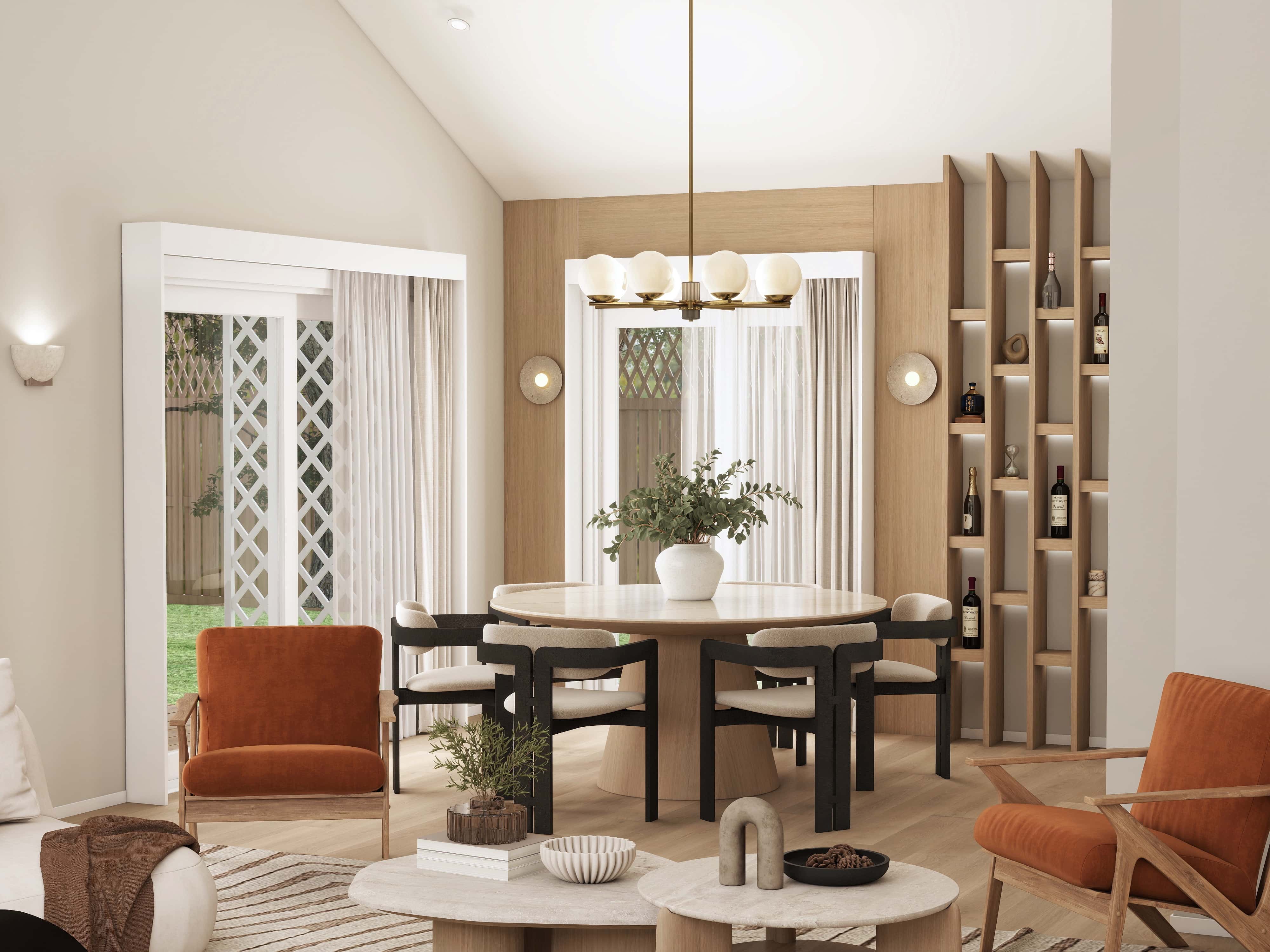3D render of a vaulted dining room with a round table, black chairs, globe chandelier and backlit wine shelving, Indian-inspired home in Pasadena, California
