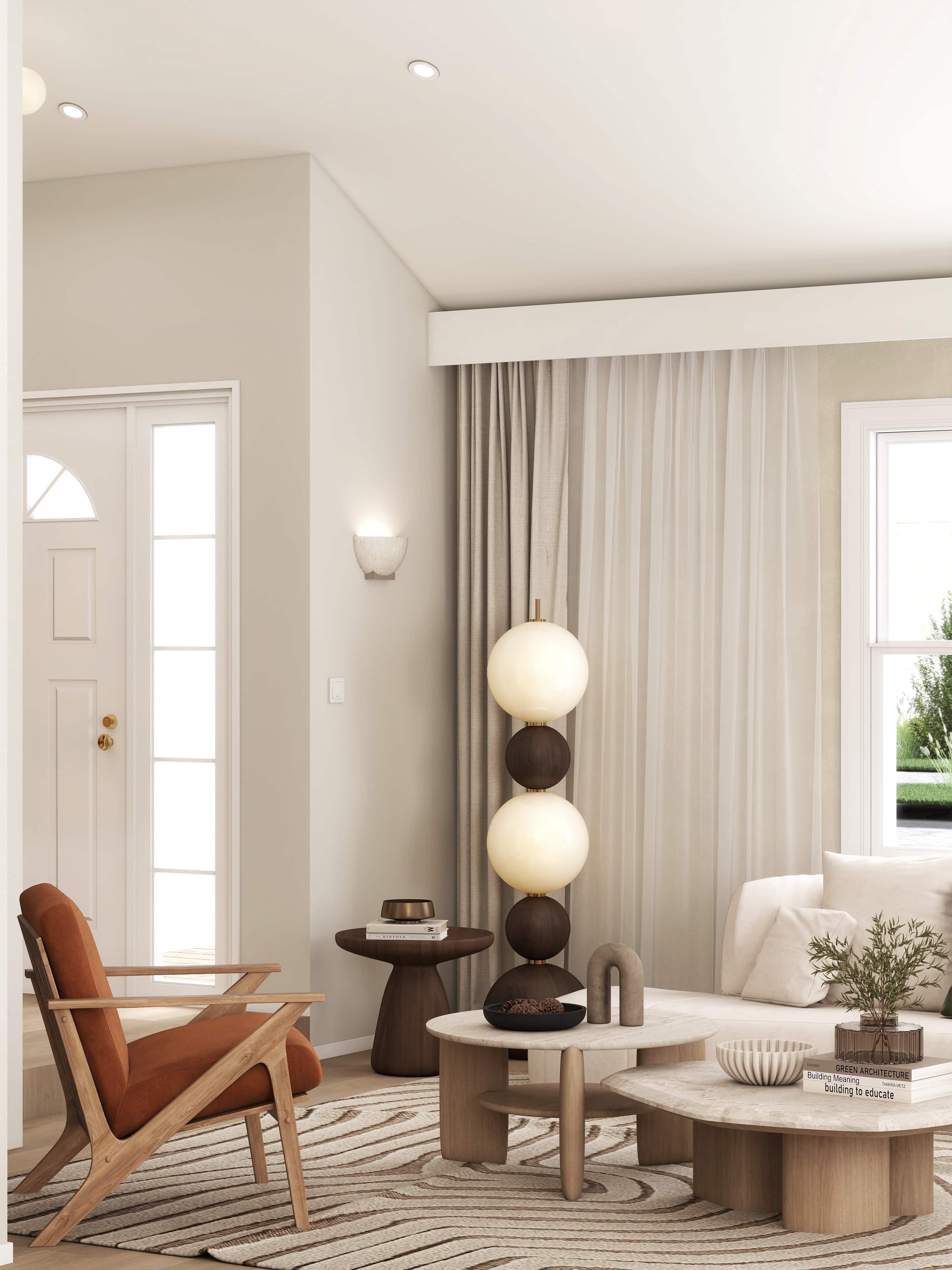 3D rendering of a living area with terracotta lounge chairs, stacked globe floor lamp and nesting stone coffee tables, Pasadena, California