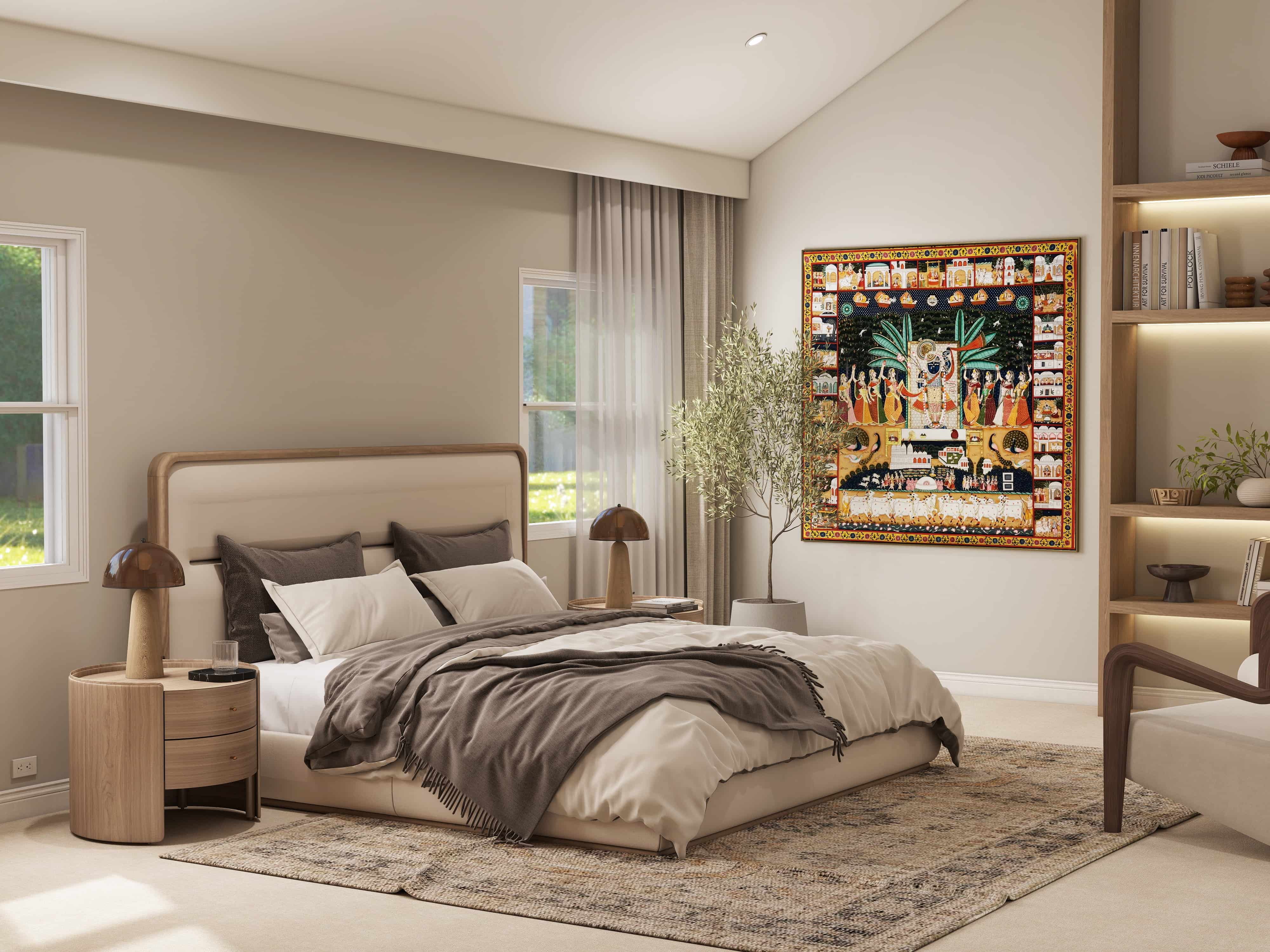 3D render of a bedroom with an upholstered bed, oak nightstands, Pichwai-style Indian painting and lit oak shelving, Pasadena home